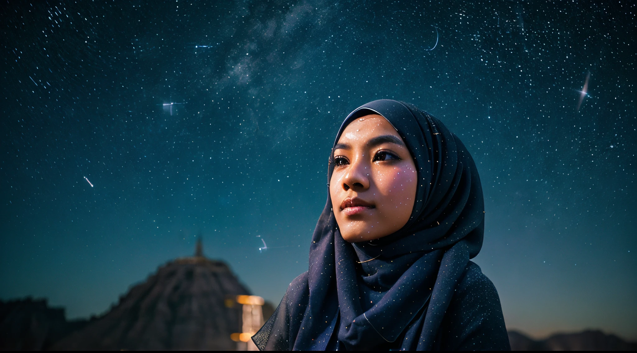 Craft a magical photo of a Malay girl in hijab under a starlit night sky, surrounded by shimmering constellations. Use long-exposure techniques to capture the movement of stars. Apply a cool, cosmic color scheme for a dreamlike effect