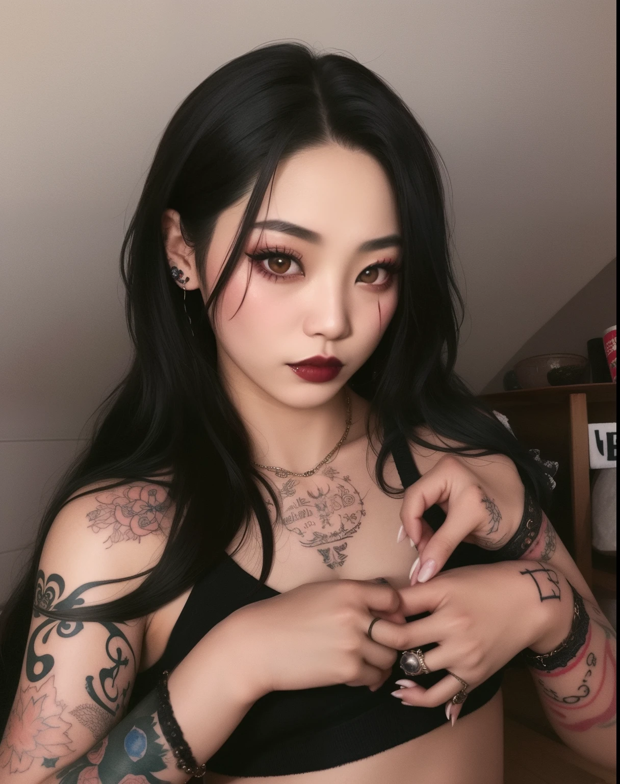 18-year-old girl,Her face was covered with tattoos ((Japanese female celebrity)), ((cabelos preto e longos,By bangs)),(8K, Best Quality, Masterpiece, Ultra High Definition: 1.2), Japanese room,hakama,fullbody, best quality,4k,8k,highres,masterpiece:1.2),ultra-detailed,(realistic,photorealistic,photo-realistic:1.37), beautiful detailed eyes and face,((There are various tattoos on the face)), Fleshy lips,largeeyes,freckles on face ,red lipsticks,( Itching of the lips),choker necklace, 耳Nipple Ring, and makeup, ((Full body skin tattoo)),looking at the camera in,Frontal photo,Side photo,Back photo,The clothes are revealing,White skin, beautiful long legs, show nipples, show vagina, spread legs.