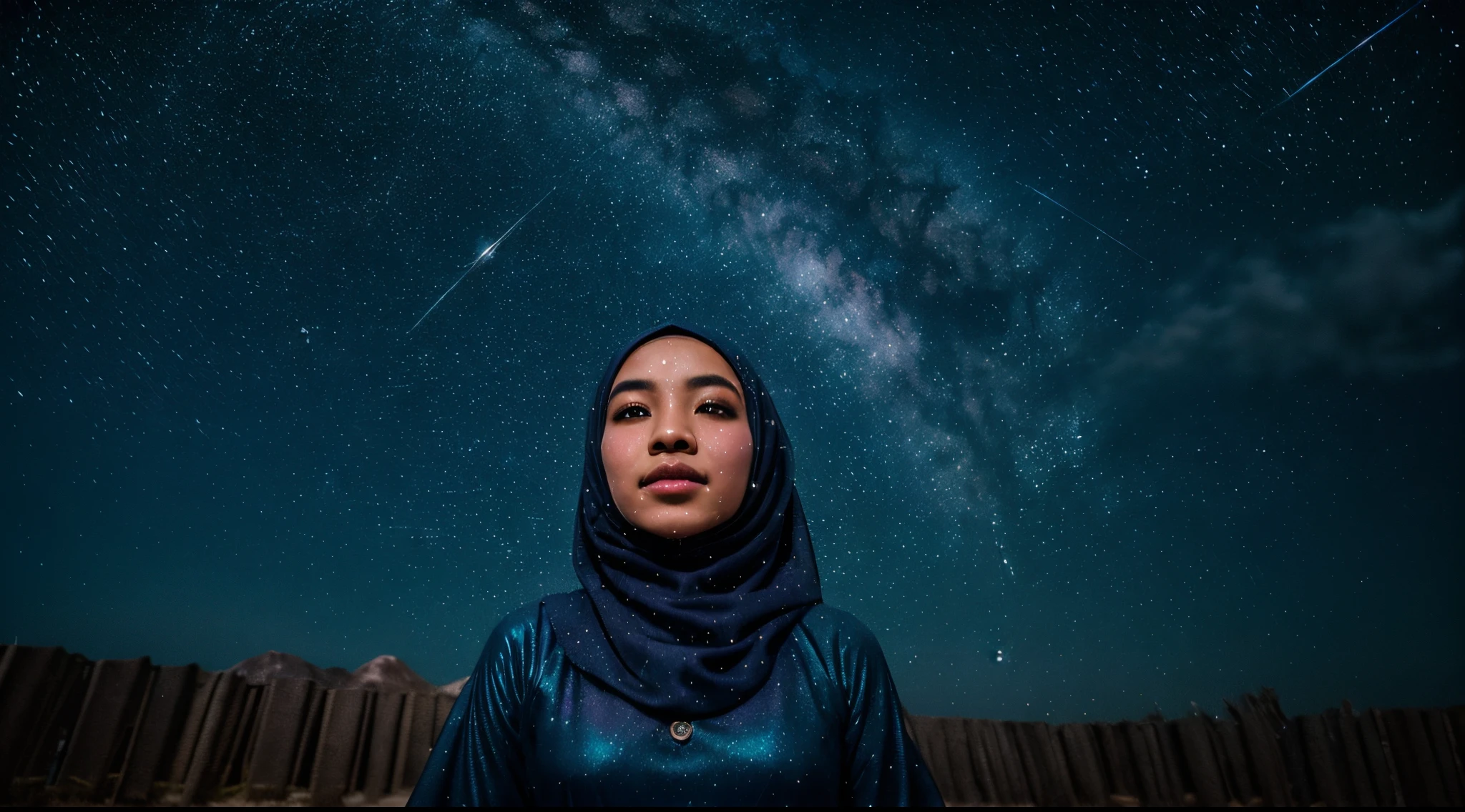 Craft a magical photo of a Malay girl in hijab under a starlit night sky, surrounded by shimmering constellations. Use long-exposure techniques to capture the movement of stars. Apply a cool, cosmic color scheme for a dreamlike effect