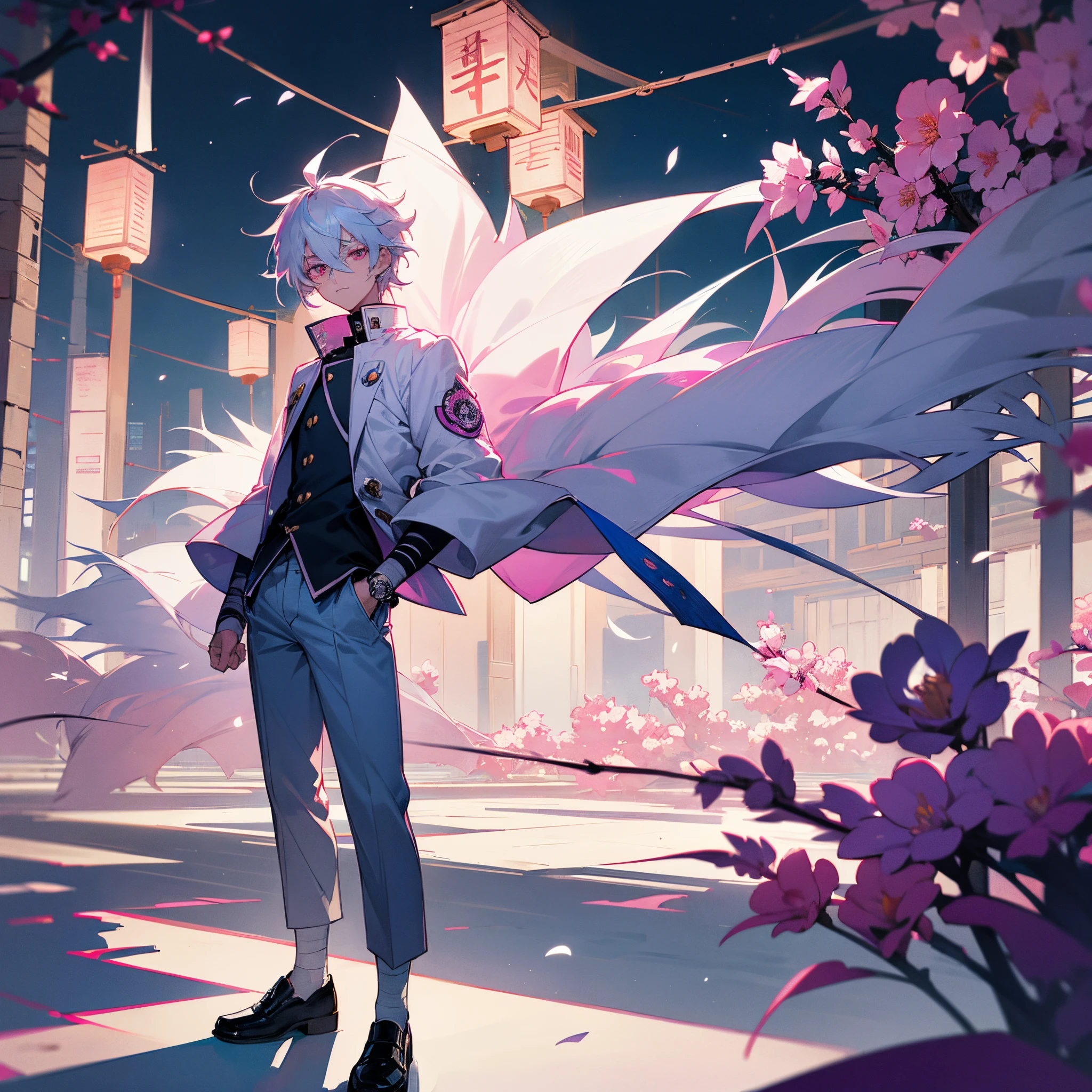 1male, teen, medium messy white hair with blue highlights, finely detailed pink eyes, loose gakuran uniform with sleeves rolled up, loose yukauta, baggy pants, bandages wrapped around arm, best lighting and shadows, big dark city, lanterns, flowers, confident, moonlight, nighttime