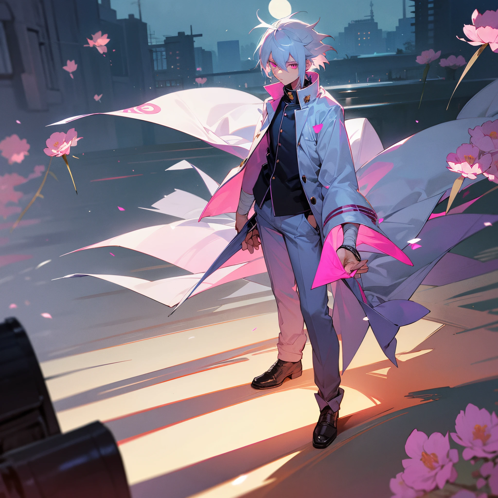 1male, teen, medium messy white hair with blue highlights, finely detailed pink eyes, loose gakuran uniform with sleeves rolled up, loose yukauta, baggy pants, bandages wrapped around arm, best lighting and shadows, big dark city, lanterns, flowers, confident, moonlight, nighttime