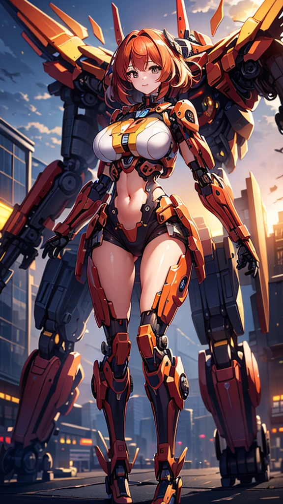 ((masterpiece, best quality)),illustration,ultra detailed 8k,photorealistic,sharp focus,highly detailed,professional lighting,colorful details,iridescent colors BREAK extreme long shot of a factory,large mechanical robot construction,microchip,computer,glowing,intricate details,shitu-mecha,1girl is standing in front of the audience,Navel