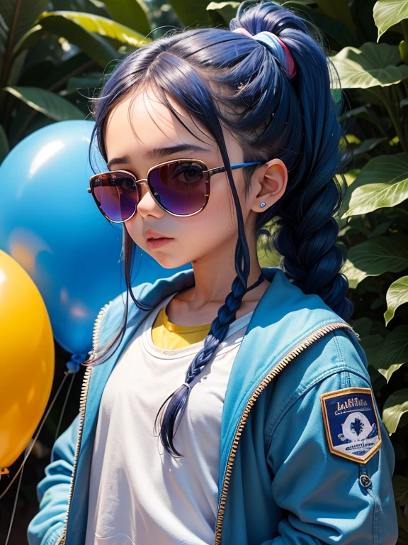loli menina, bonita e fofa, wearing blue sunglasses, jaqueta amarela, moletom branco, lots of colorful balloons, babyface, corpo inteiro, cabelo vermelho e azul de duas cores, braided ponytail, olhos de detalhe perfeito, rosto delicado, CG perfeito, Qualidade de imagem HD, fundo simples