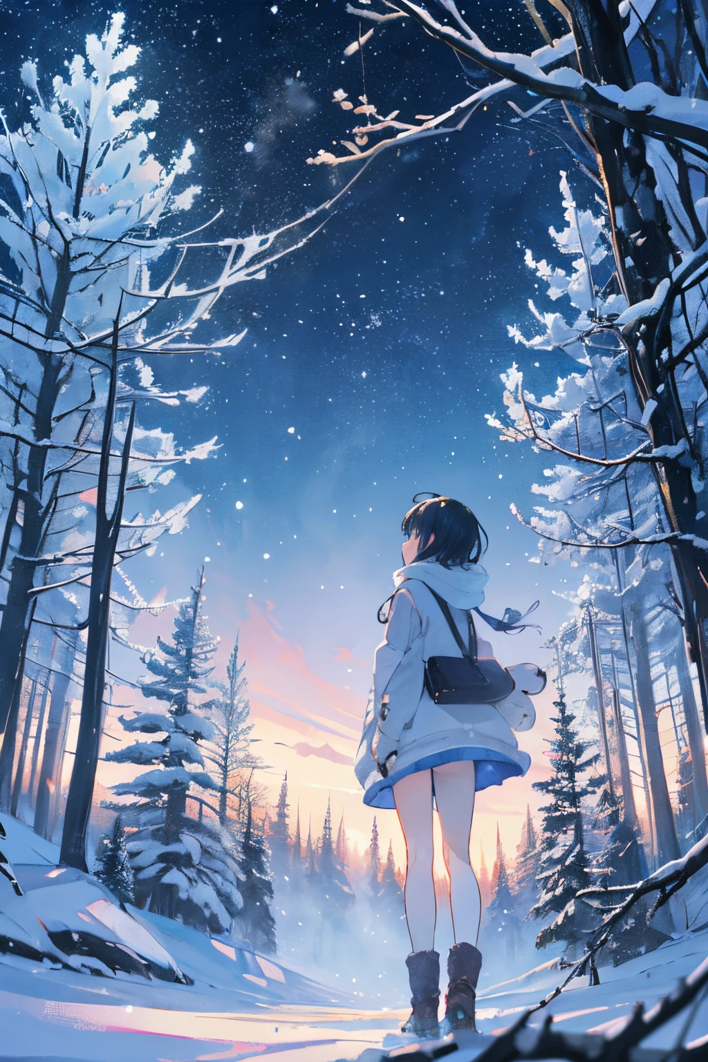 A woman standing in the snow looking at the stars - SeaArt AI