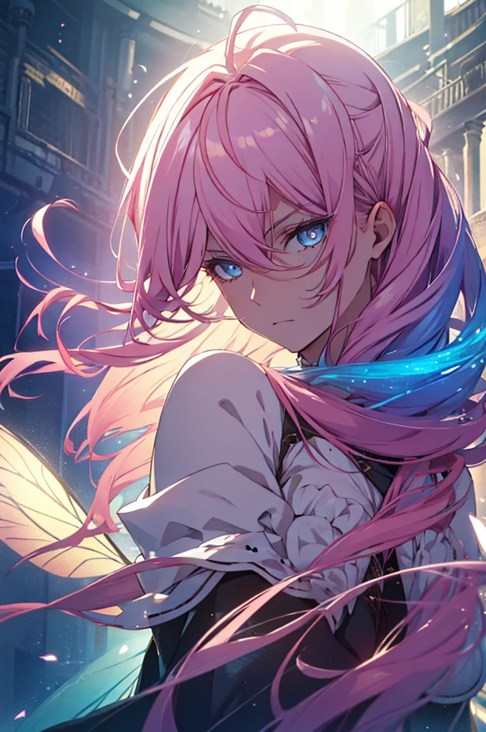 With pink hair and rainbow eyes,beautiful as a fairy,A melancholy expression that stirs affection,side face,floating hair,light particles,glare,vivid,fancy,dreamlike,a dim atomshpere,