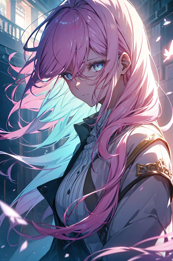 With pink hair and rainbow eyes,beautiful as a fairy,A melancholy expression that stirs affection,side face,floating hair,light particles,glare,vivid,fancy,dreamlike,a dim atomshpere,