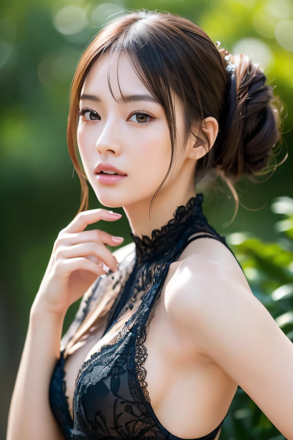 Focus on people。Create and express the best shining composition of the person in a realistic way。((masterpiece))、(((top-quality)))、((ultra-detailliert))、(A hyper-realistic)、(highly detailed CGillustration)、(extremely delicate and beautiful)、Girl a masterpiece、top-quality、Realistic skin feeling、Realistic fabric、We will introduce a realist illustration focusing on the center front of girls with realistic and ultra-detailed eyes.。This is the absolute rule, and the following sentence expresses the image quality。 The greatest painter in human history meets an unparalleled beauty、It is the greatest masterpiece in the history of the Inuiku Ichigo, which depicts the most beautiful figure of a lifetime.。 Create stunning anime artwork that is currently trending on seaStation、Introducing exquisite beauty and seductive aesthetics。Hair is tied up、pesant dress