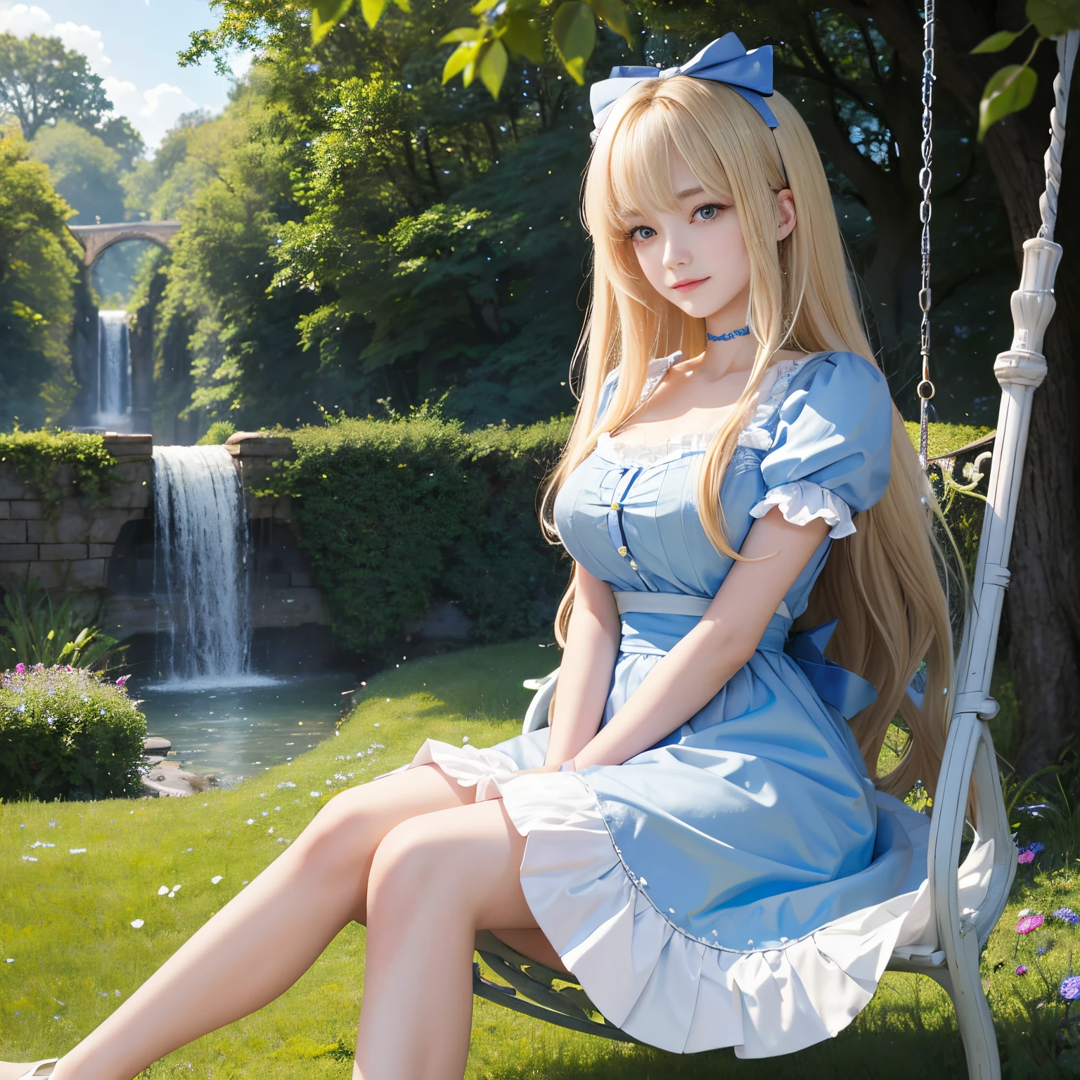 (Alice in Wonderland)、​masterpiece、Ultra-realistic、Top image quality、超A high resolution、8k photo、the ultimate beauty、Bright photo, Beautiful and cute beautiful girl、A detailed face、(pureerosface_v1:0.008)、Shiny white silky skin、alice in the wonderland、1beautiful girl、Beautiful bangs、Silky shiny platinum blonde super long straight hair、Beautiful and clear lapis lazuli eyes、Big Beautiful Breasts、My chest is empty、Lovely smile、White Apron、a blue dress、hair adornments、a choker、In the English garden、Sitting on the lawn、Blown by a pleasant breeze、super long hair swing、