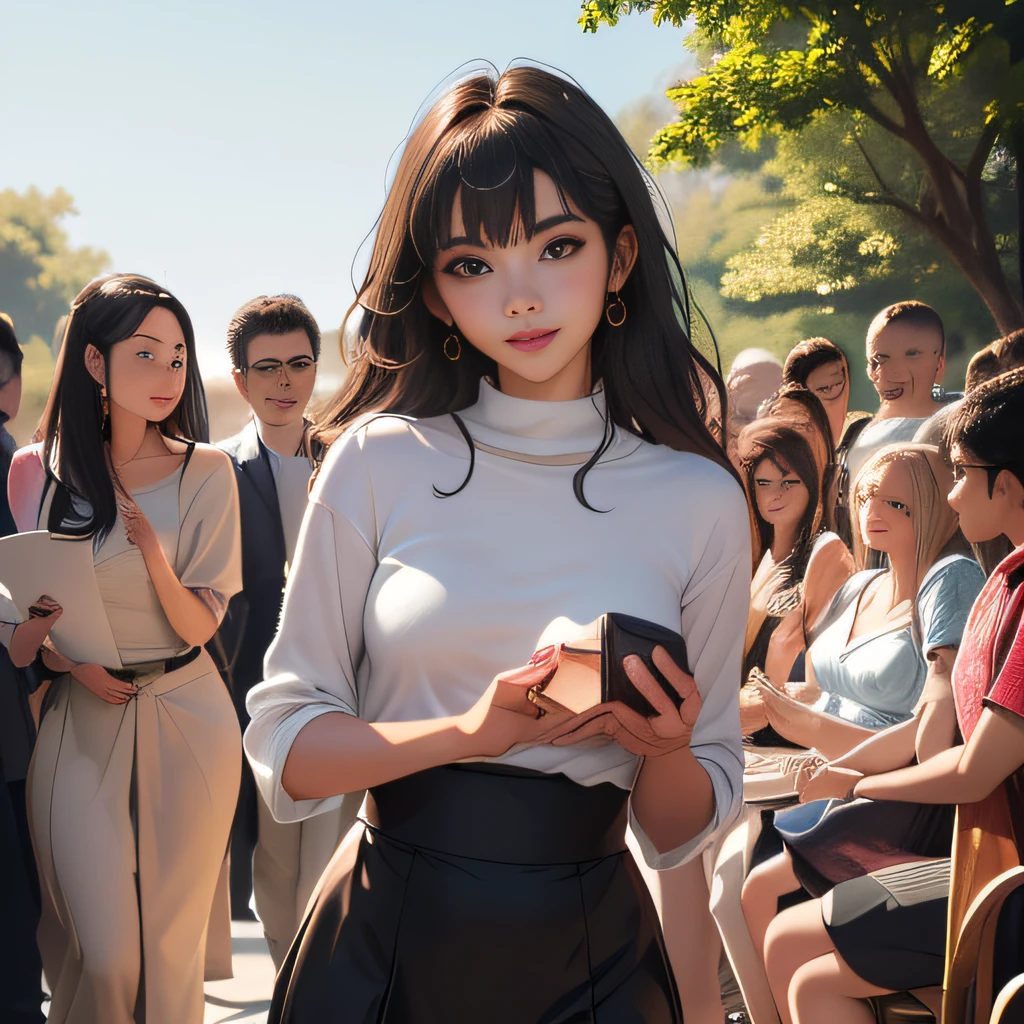 sfw, (Extremely detailed 8k wallpaper:2), (photo:2), (soigne Beautiful girl:2), (gives a lecture to friends:2), detailed (Face and eyes), (hyper realistic:1), (highly detailed:1), (epic realistic:1), rim light, (maximum details:1), cozy, (fullbody:1.3), (looking at viewer:2), (Woman's Attractive Qualities:2), (Attractive Woman:2), (Attractive:2), Smile, Intelligence, Empathy, Gracefulness, Sense of Style, Fitness, Grooming, Optimism, (Sensitivity:2), Sincerity, Romantic Gestures, Playfulness, Fashion Sense, (Sensuality:2), Charm, Modesty, Thoughtfulness, (Femininity:1), Flirtatiousness, Warmth, (Physical attractiveness:2), A beautiful smile, A love of life, strength and power, vulnerability, curiosity, wonder, love, (nature background:2), kawaii, waifu, Beautiful breasts, (attractive body:2), (Beautiful body:2), Beautiful pose, attractive pose, (Beautiful legs:1.0), (spread legs:1.0), (Beautiful clothes:1), (classic clothes:2), (elegant clothes:2), (European clothes:2), detailed clothes, (skirt:1), (blouse:1), (provocative pose)