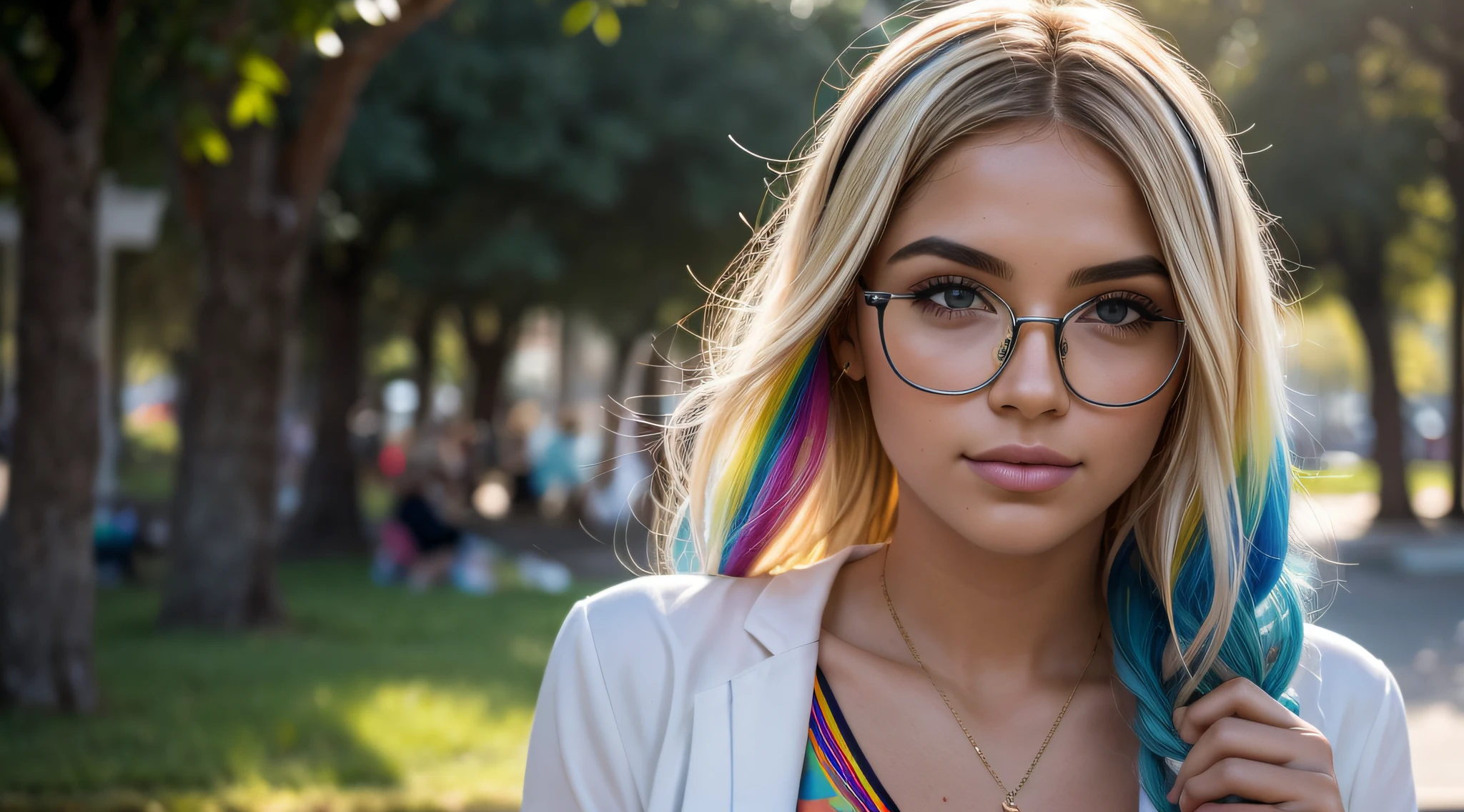 n the soft glow of a sunny afternoon on the college campus, um modelo confiante e vibrante com short, cabelo loiro adornado com as cores do LGBTQI+ espectro exala individualidade e orgulho. With fair skin and a pair of stylish glasses, ela adiciona um toque intelectual ao seu conjunto expressivo e colorido. Vestida com uma roupa moderna, the model shows her unique style. A luz do sol banha o campus com calor, casting a soft play of light and shadows in the environment. The camera expertly captures the subtle details of your appearance, destacando as texturas de suas roupas e os elementos naturais do ambiente. Seu curta, Blonde hair is a canvas for a playful display of LGBTQI+ Cores, creating a dynamic and attractive effect. Colors are carefully woven into the hair, symbolizing inclusion and diversity. Glasses add a touch of sophistication, complementando o visual geral. Facial features are carefully portrayed, capturing the essence of confident and expressive behavior. The glasses enha, Hyperrealism, f/4.0, 35mm, Nikon, Canon, Fujifilm, high details, high quality, super detail, 16k