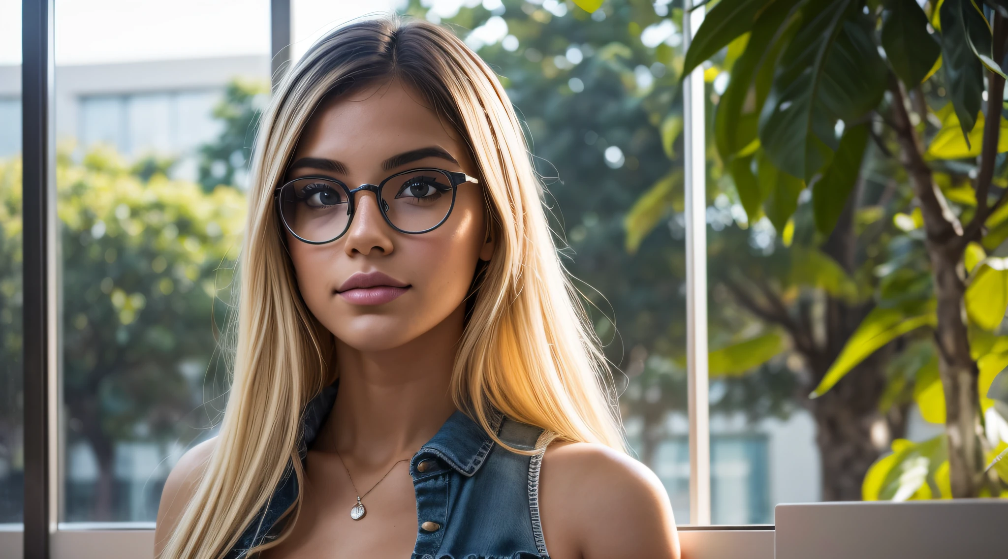n the soft glow of a sunny afternoon on the college campus, um modelo confiante e vibrante com short, cabelo loiro adornado com as cores do LGBTQI+ espectro exala individualidade e orgulho. With fair skin and a pair of stylish glasses, ela adiciona um toque intelectual ao seu conjunto expressivo e colorido. Vestida com uma roupa moderna, the model shows her unique style. A luz do sol banha o campus com calor, casting a soft play of light and shadows in the environment. The camera expertly captures the subtle details of your appearance, destacando as texturas de suas roupas e os elementos naturais do ambiente. Seu curta, Blonde hair is a canvas for a playful display of LGBTQI+ Cores, creating a dynamic and attractive effect. Colors are carefully woven into the hair, symbolizing inclusion and diversity. Glasses add a touch of sophistication, complementando o visual geral. Facial features are carefully portrayed, capturing the essence of confident and expressive behavior. The glasses enha, Hyperrealism, f/4.0, 35mm, Nikon, Canon, Fujifilm, high details, high quality, super detail, 16k