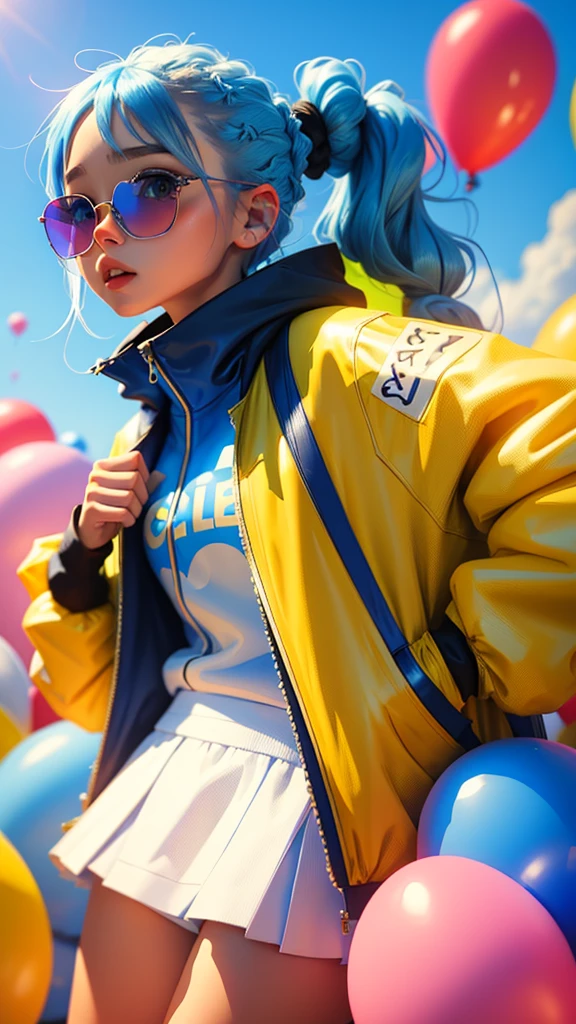 Loli girl, beautiful and cute, wearing blue sunglasses, yellow jacket, white sweatshirt, lots of colorful balloons, baby face, chibi style, red and blue two-color hair, ponytail braided hair, perfect detail eyes, delicate face, perfect CG, HD picture quality, colorful balloons, sky,