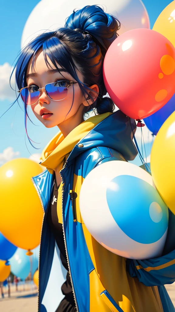 Loli girl, beautiful and cute, wearing blue sunglasses, yellow jacket, white sweatshirt, lots of colorful balloons, , chibi style, red and blue two-color hair, ponytail braided hair, perfect detail eyes, delicate face, perfect CG, HD picture quality, colorful balloons, sky,