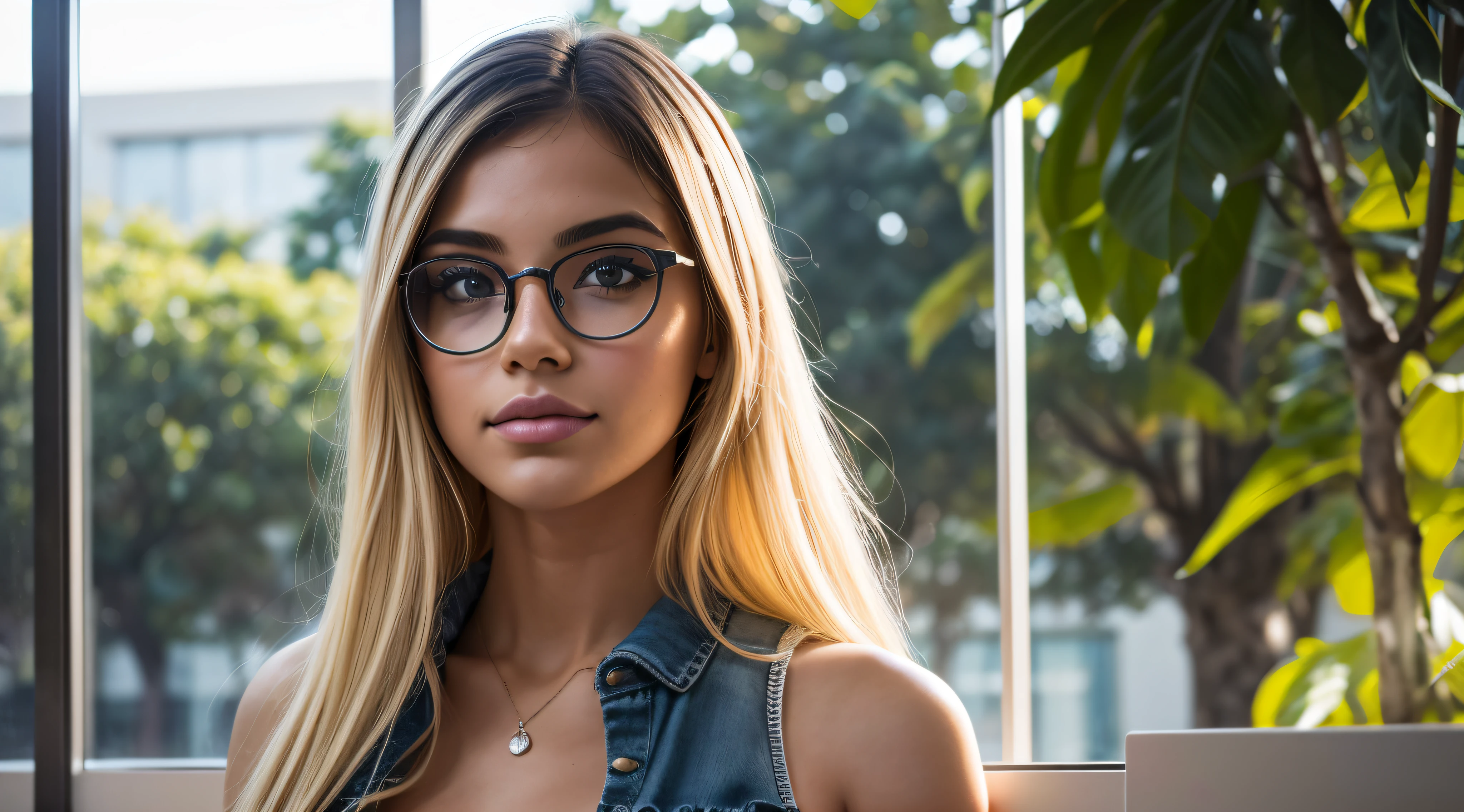 n the soft glow of a sunny afternoon on the college campus, um modelo confiante e vibrante com short, cabelo loiro adornado com as cores do LGBTQI+ espectro exala individualidade e orgulho. With fair skin and a pair of stylish glasses, ela adiciona um toque intelectual ao seu conjunto expressivo e colorido. Vestida com uma roupa moderna, the model shows her unique style. A luz do sol banha o campus com calor, casting a soft play of light and shadows in the environment. The camera expertly captures the subtle details of your appearance, destacando as texturas de suas roupas e os elementos naturais do ambiente. Seu curta, Blonde hair is a canvas for a playful display of LGBTQI+ Cores, creating a dynamic and attractive effect. Colors are carefully woven into the hair, symbolizing inclusion and diversity. Glasses add a touch of sophistication, complementando o visual geral. Facial features are carefully portrayed, capturing the essence of confident and expressive behavior. The glasses enha, Hyperrealism, f/4.0, 35mm, Nikon, Canon, Fujifilm, high details, high quality, super detail, 16k