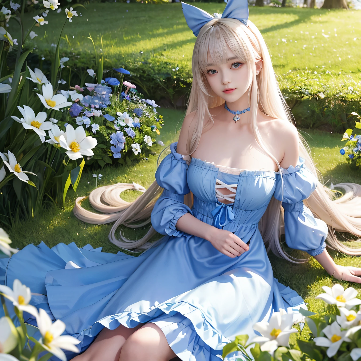 (Alice in Wonderland)、​masterpiece、Ultra-realistic、Top image quality、超A high resolution、8k photo、the ultimate beauty、Bright photo, Beautiful and cute beautiful girl、A detailed face、(pureerosface_v1:0.008)、Shiny white silky skin、alice in the wonderland、1beautiful girl、Beautiful bangs、Silky shiny platinum blonde super long straight hair、Beautiful and clear lapis lazuli eyes、Big Beautiful Breasts、My chest is empty、Lovely smile、White Apron、a blue dress、hair adornments、a choker、In the English garden、Sitting on the lawn、Comfortable、blown by the wind、Super long straight hair fluttering in the wind、