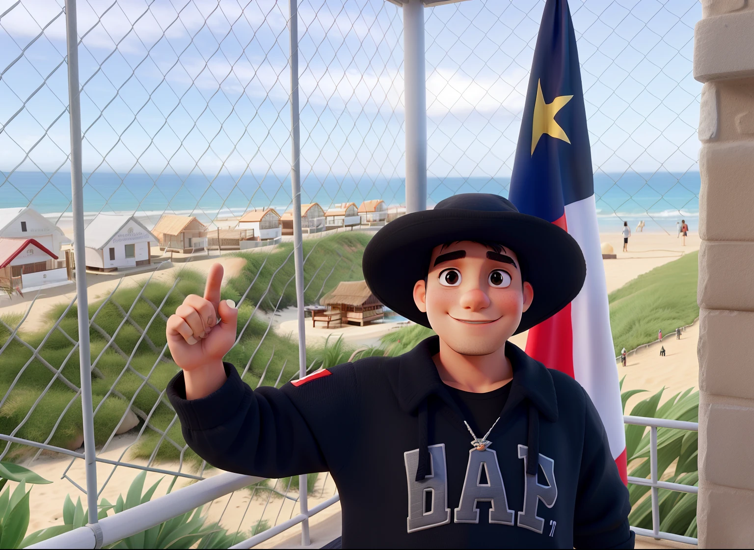 Posando, en el departamento en la playa, I wear a black hat and behind a Chilean flag