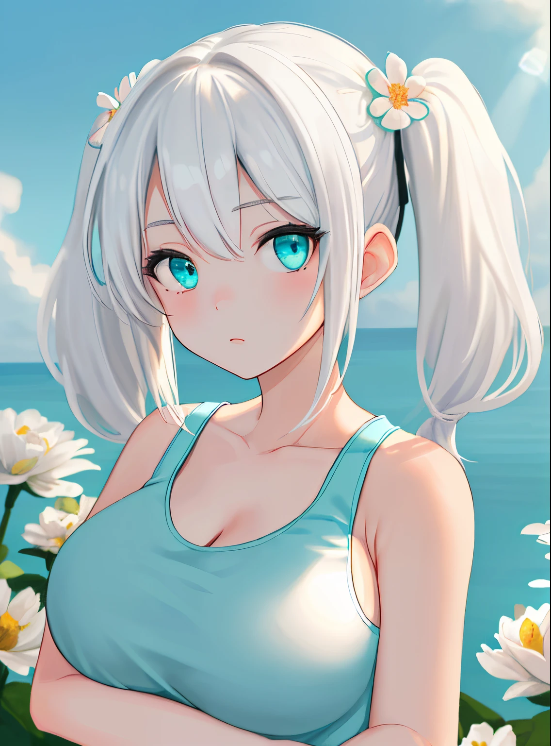 masterpiece, (best quality:1.4), detailed, girl, (solo), (white hair:1.2), (twintail medium hair:1.3), (sidelocks:1.1), (bangs:1.1), (large breast:1.3), hair ornament, (aqua eyes:1.2), (bitchy:1.2), flower on head, upper body, (tank top:1.0), (hot tank top:1.2), (looking at viewer:1.2), sexy, detailed eyes, detailed hair, highres, outdoor, (flowers:1.1), sky, (lighting:1.2), high details