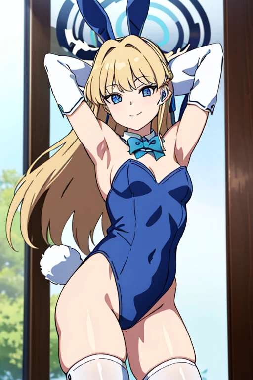 1girl, solo, facing viewer, looking at viewer, smile, toki asuma, halo, long hair, playboy bunny, rabbit ears, leotard, white thighhighs, wrist cuffs, (cowboy shot:1.5), {arms behind head}, contrapposto, spread armpit,