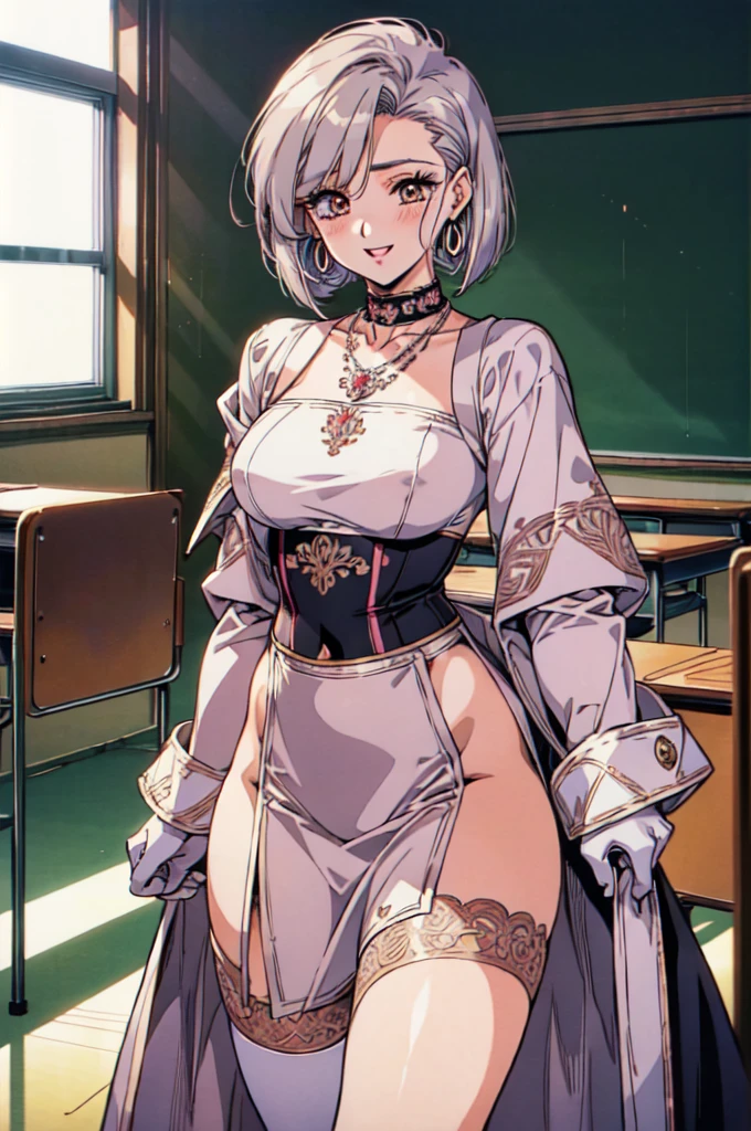 "(masterpiece:1.1), best quality, (NSFW:1.1),
1girl, gyaru, (80s anime style:1.3), (eyelashes:1.5),
(intricate high detailed body:1.2),
(silver hair:1.1),
(hair slicked back:1.2), (bob cut:1.1),
red eyes,
(pale skin:1.1), (curvy body:1.2), (small breasts:1.1),
(happy, smile:1.2), blush,open mouth,
(school uniform, skirt, midriff peek:1.1),
zipper, knee socks, long gloves, hoop earrings, necklace, hair ribbon,
standing,
upper body,
(classroom:1.2)"