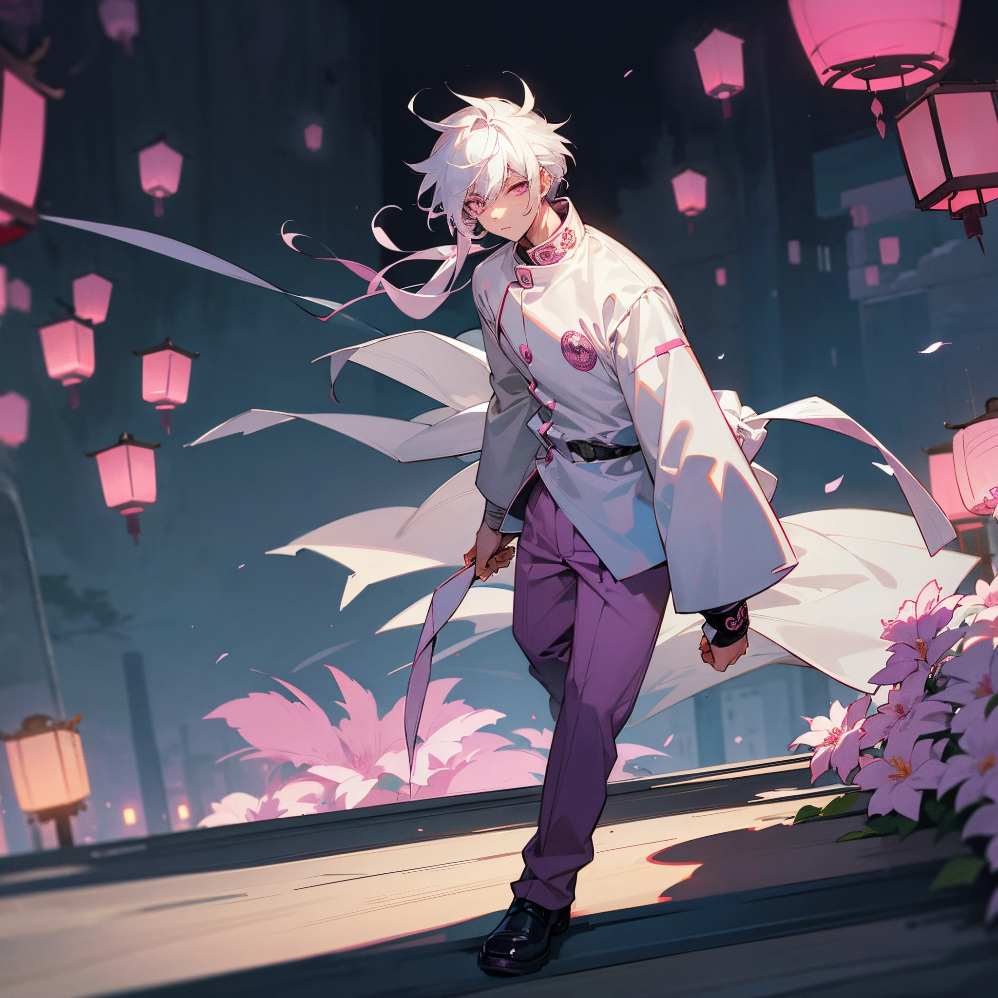 1male, teen, medium messy white hair with blue highlights, finely detailed pink eyes, loose gakuran uniform with sleeves rolled up, loose yukauta, baggy pants, bandages wrapped around arm, best lighting and shadows, big dark city, lanterns, flowers, confident, moonlight, nighttime