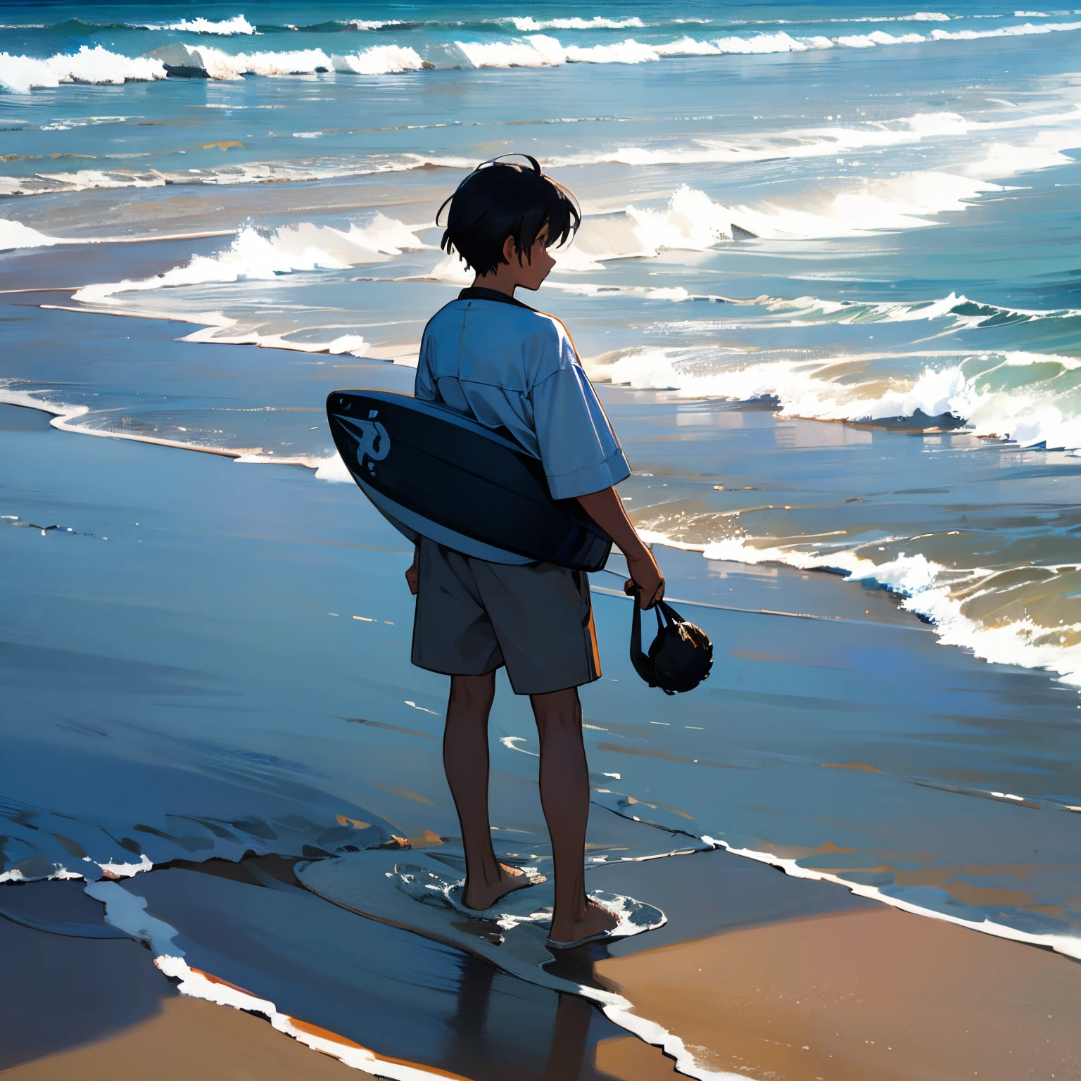 Anime, sad , negro de 20 anos, sentado na areia da praia olhando o mar em um por do sol ele