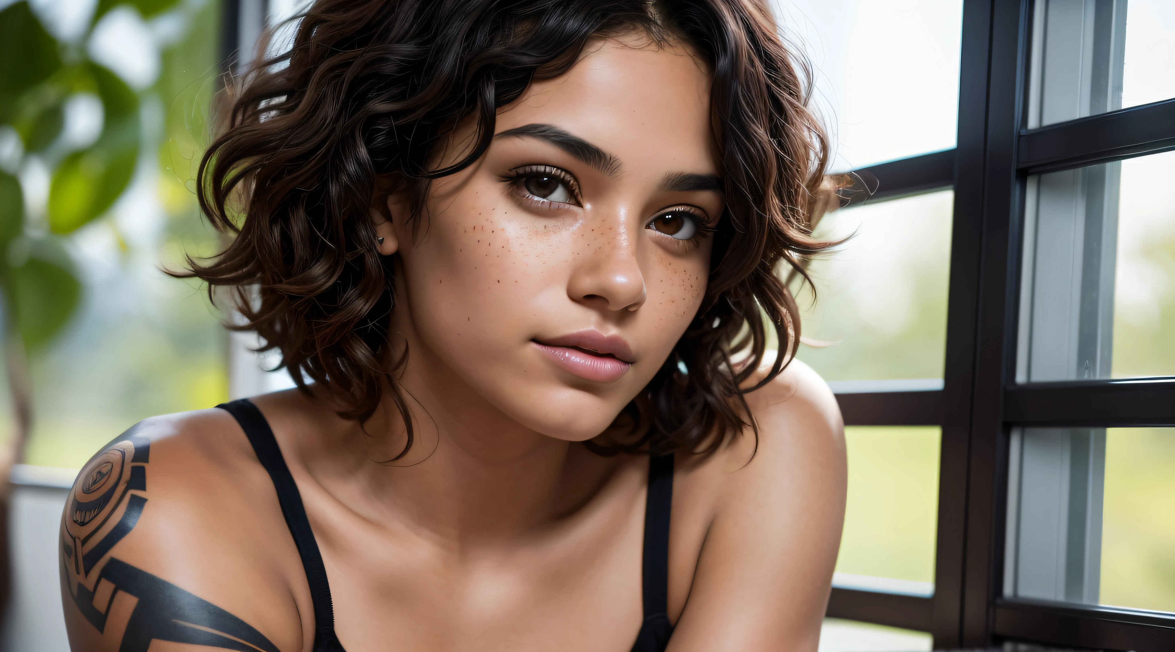Image of a 30-year-old student, brunette, with short, black, curly hair. Her face displays a determined expression, with slightly furrowed eyebrows, indicating focus and commitment to her academic activities. A curious and concentrated gaze reflects in her eyes, suggesting a constant desire for learning.

The tattoos that adorn her body add a dimension of individuality to her facial expression. As she looks at the tattoos, a slight smile appears on her lips, indicating pride and appreciation for these artistic elements that tell her story.

The sunlight highlights the features of her face, revealing subtle freckles on her nose and cheeks, adding a charming touch to her appearance. The contour of her face is softened, conveying a sense of youthfulness and vitality.

The overall expression of the student is a blend of confidence and enthusiasm, capturing not only academic determination but also the pleasure of expressing her individuality in the university environment. In the background, the smoky colors of the rainbow reflect the diverse and inclusive atmosphere that permeates the university campus."

This more detailed prompt highlights the facial features and expressions of the character, providing a richer and more engaging image