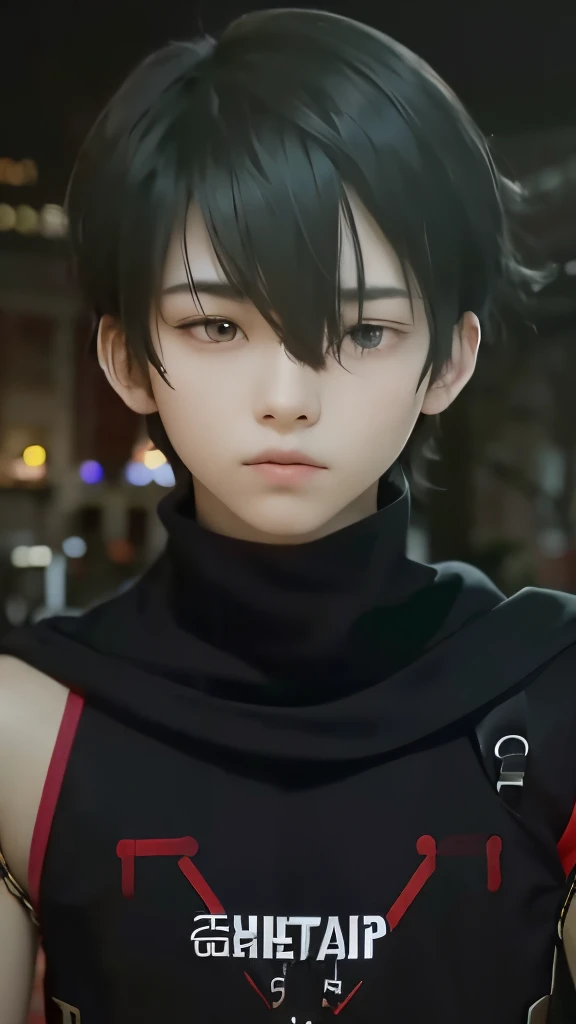 A teenage boy with realistic black hair, the same realistic hairstyle, handsome face like a realistic K-Pop idol, realistic cool expression, adapt exact clothing, realistic light, realistic shadows, realistic background, realistic night, realistic outdoor,Realistic short sleeve shirt, realistic black robe,Age 17 years