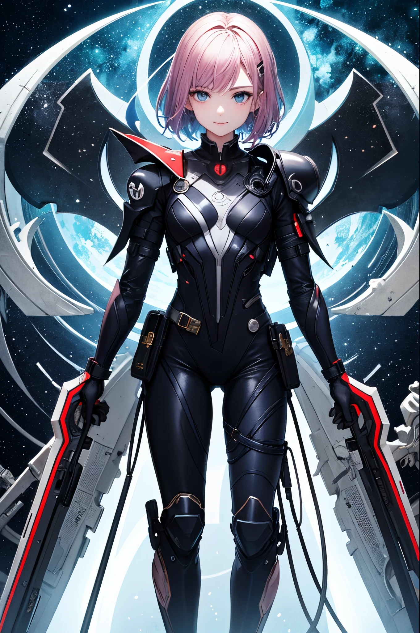 top-quality、Top image quality、masterpiece、超A high resolution、android beautiful girl、, Cybersuit glowing black, The source of the red energy in the chest、Blue hair、short-haired,Blue eyes、A slender、Gentle smile、The face is depicted in detail、The eyes are very detailed、The clothes are also depicted in detail、hiquality、Beautiful Art、Fantastic Universe、Elaborate design、more background、Fight with a spear、Soio、Knights、animesque、illustratio、Full body front