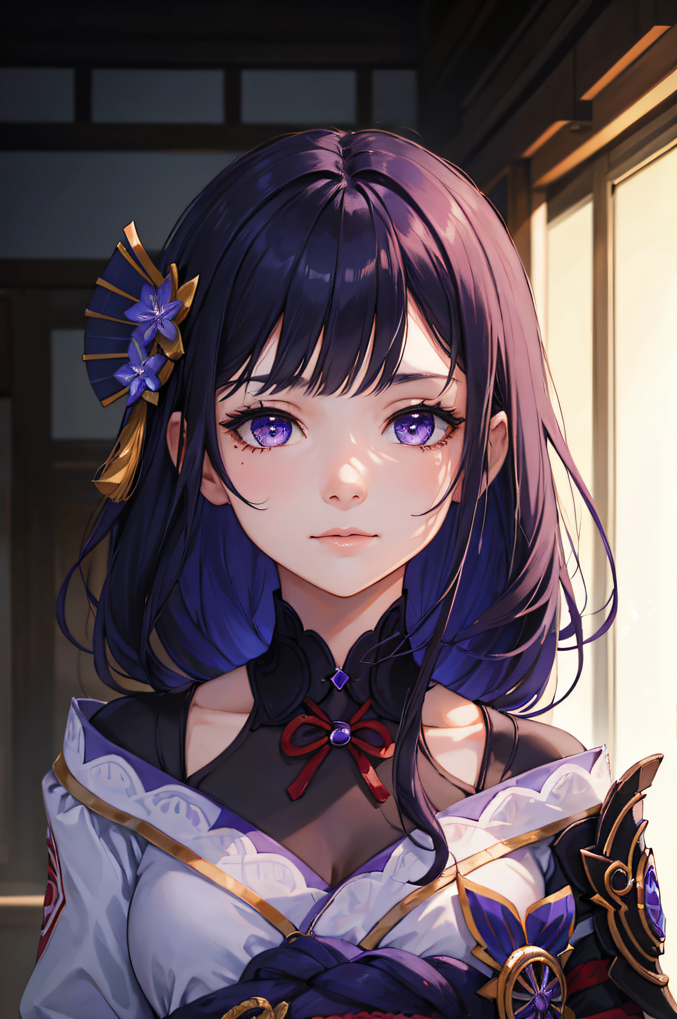 ((face portrait)), close-up portrait, (masterpiece), best quality, expressive eyes, perfect face, 1 girl, solo, raidenshogundef, short hair, slight smile, upper body, portrait, looking at the viewer