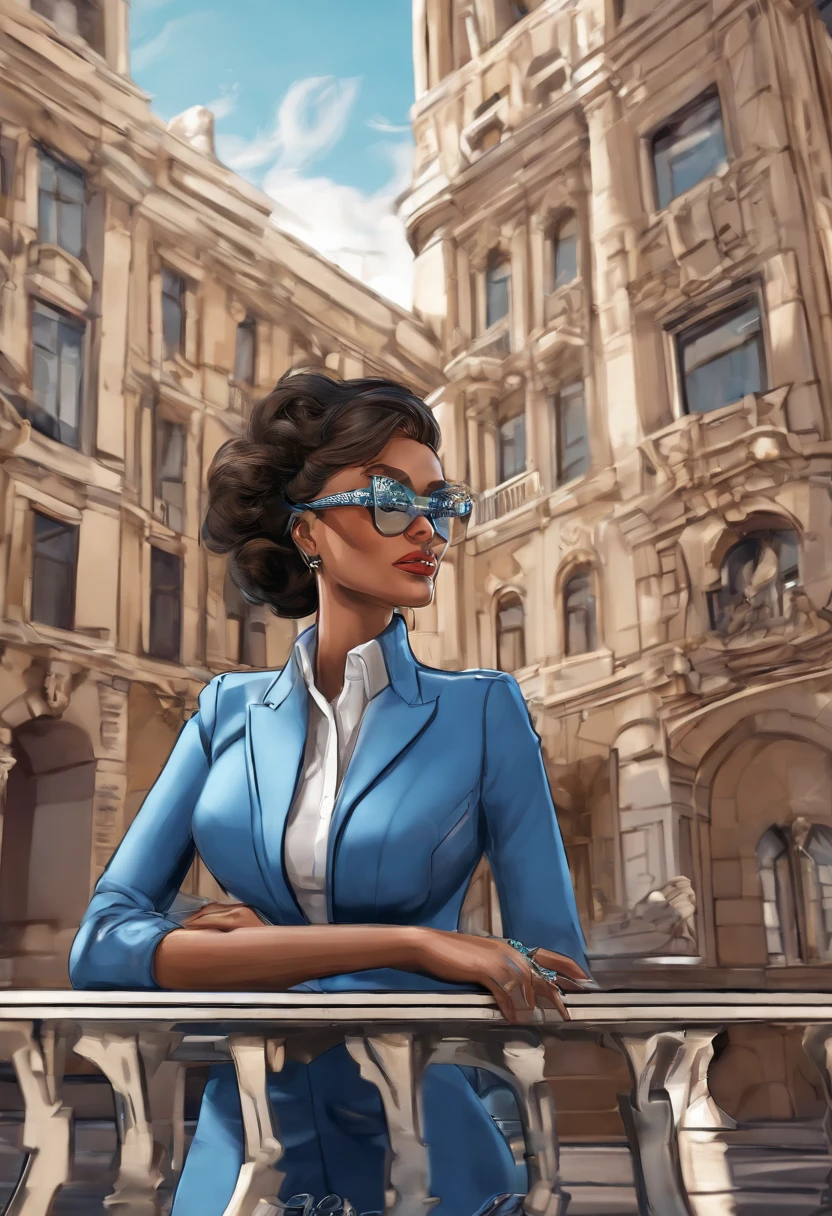 Cartoon character of a a pro wreslter woman with black glasses and a blue shirt, animation character, Caractere estilizado, animation style rendering, 3D estilizado, 

scenery:
A cityscape with several buildings. The focus is on an imposing building at the center of the scene named "Zion Private Services" clearly visible on its façade.