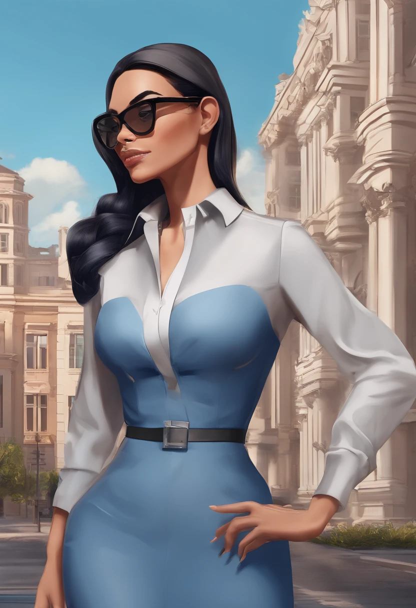 Cartoon character of a a pro wreslter woman with black glasses and a blue shirt, animation character, Caractere estilizado, animation style rendering, 3D estilizado, 

scenery:
A cityscape with several buildings. The focus is on an imposing building at the center of the scene named "Zion Private Services" clearly visible on its façade.