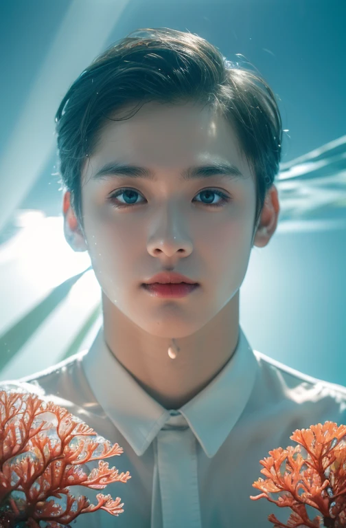 1 boy,((under the water)),(Beautiful and delicate water),((The corals)),dynamic angle,floating,(detailedlight),Fluttering,(splash),((The fish)),Leaf dress,feater,naturey,(rays of sunshine),(underwater forest),(full bloom),(Detailed luminescence),soaked pubic hair,sea weed,The fish,(((dingdall effect))),in a panoramic view,lookingat_Show on the_peeping at the viewer,Eye contact,