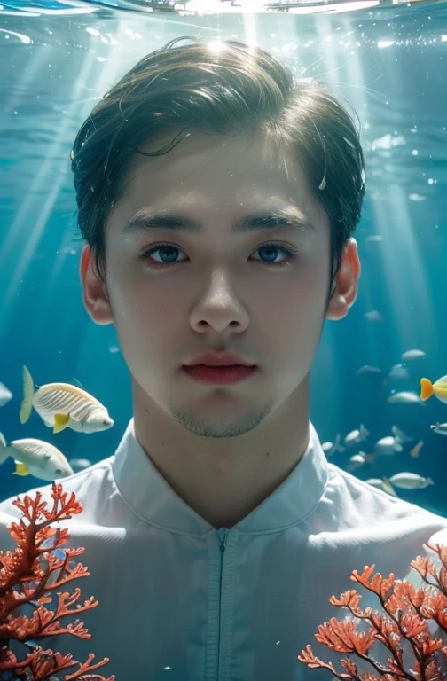 1 boy,((under the water)),(Beautiful and delicate water),((The corals)),dynamic angle,floating,(detailedlight),Fluttering,(splash),((The fish)),Leaf dress,feater,naturey,(rays of sunshine),(underwater forest),(full bloom),(Detailed luminescence),soaked pubic hair,sea weed,The fish,(((dingdall effect))),in a panoramic view,lookingat_Show on the_peeping at the viewer,Eye contact,