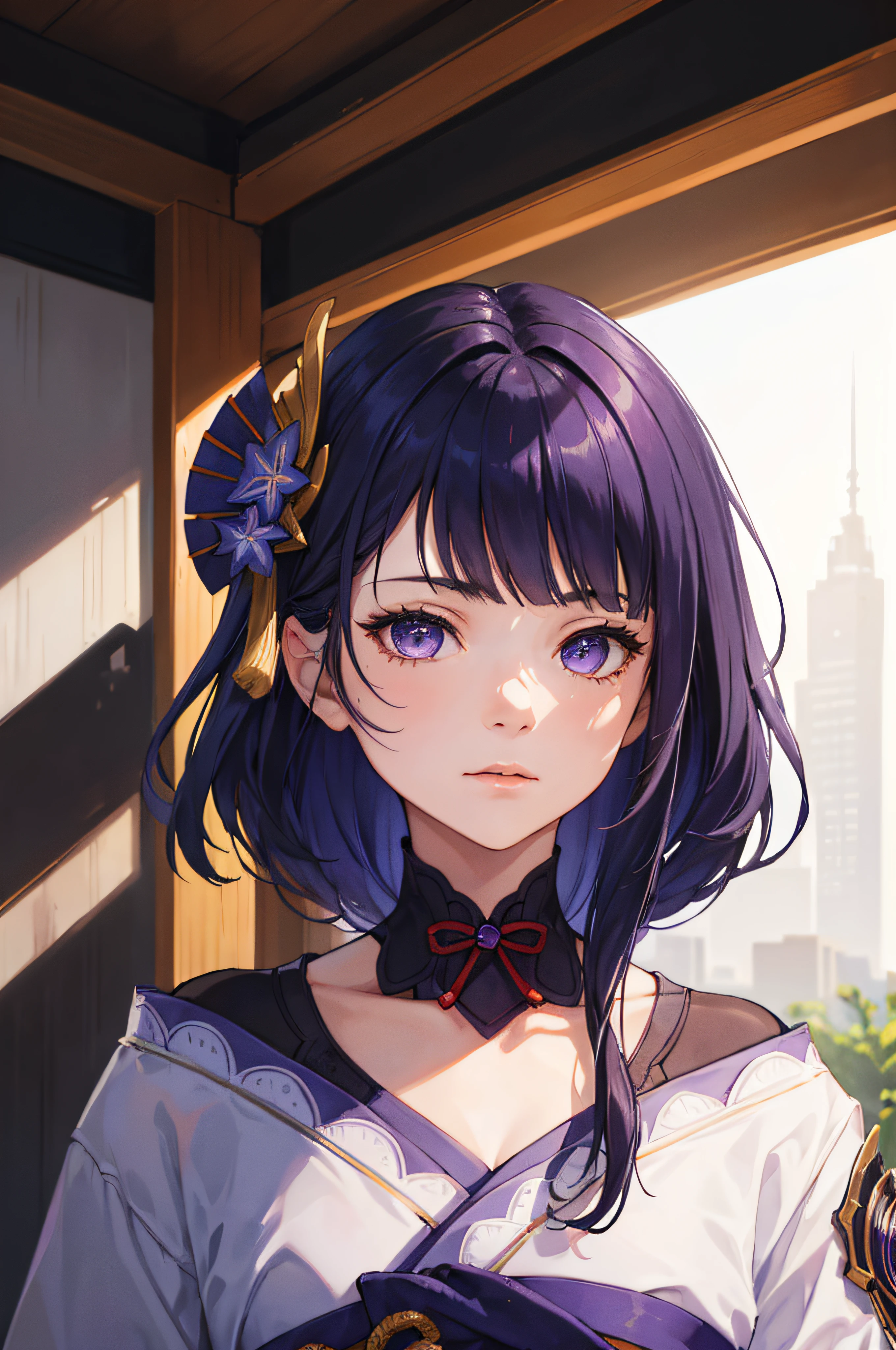 ((face portrait)), close-up portrait, (masterpiece), best quality, expressive eyes, perfect face, 1 girl, solo, raidenshogundef, short hair, slight smile, upper body, portrait, looking at the viewer
