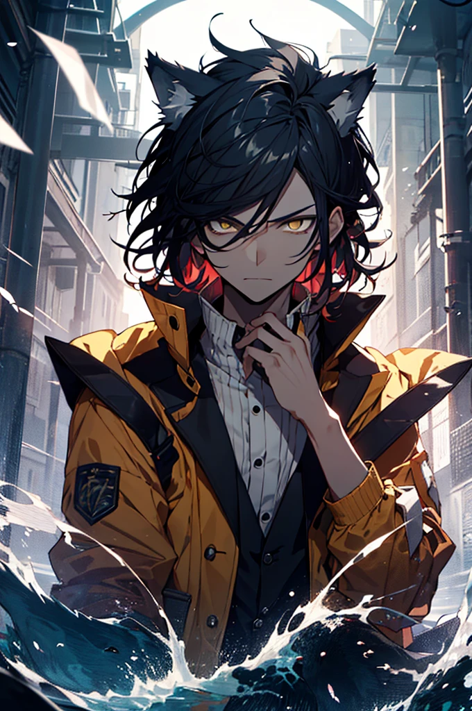 (Male) Wolf ears, With black hair and yellow eyes, beautiful as a fairy,A melancholy expression that stirs affection,side face,floating hair,light particles,glare,vivid,fancy,dreamlike,a dim atomshpere, Red and Yellow Jacket.