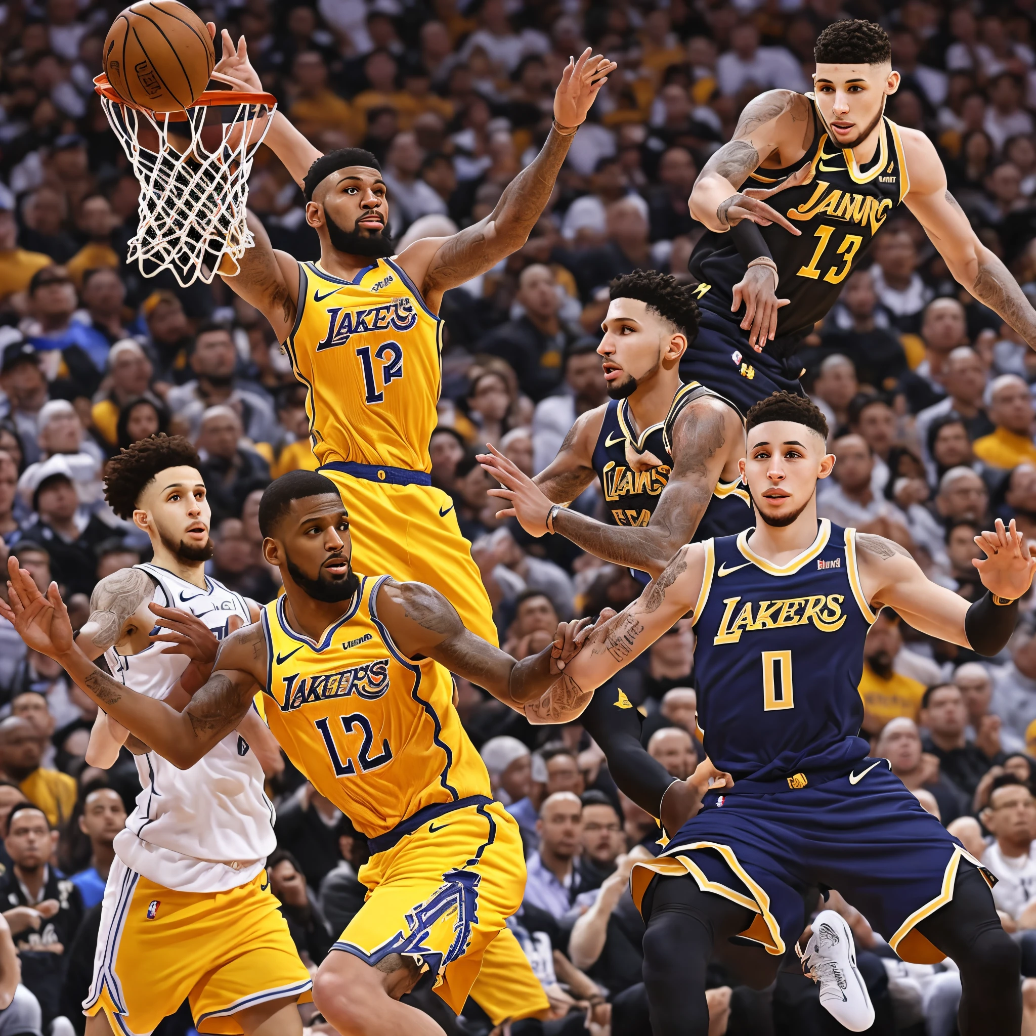 Crie um desenho dividido em 6 quadrados o primeiro quadrado ja morant segundo kyrie iviring terceiro curry quarto james antetocumpo quinto lebron james e sexto la melo ball todos em catoon
