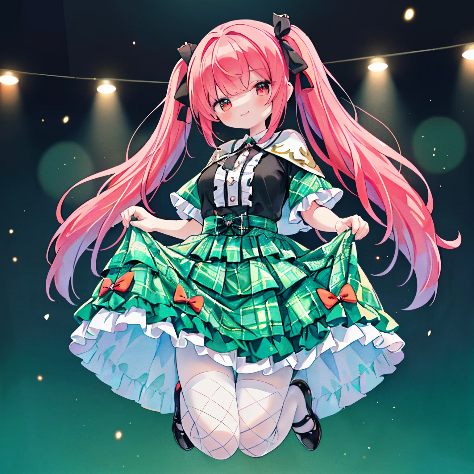 (PastelColors:1.3)、(Cute illustration:1.3)、(watercolor paiting:1.1)、(Gothic lolita:1.4), (Open Short Cape:1.2), ((bow ribbon, frilld):1.3), (Green tartan plaid:1.3), ((White collar, tie):1.3), (Short sleeve:1.2), ((frills skirt, Multi-layer skirt):1.3), (fishnet tights:1.2), (hand armor:1.2), (X Hair Ornament, Hairpin),、Moya、colourfull、marble、Particles of light、patterns、
Detailed drawing、Vibrant colors、striking contrast、intricate detailes、Delicate depiction、Luminescent、full body Esbian、(top-quality、8K、32K、masterpiece、nffsw:1.2)、((Photo of red-eyed woman with bright red hair with cute smile:1.3))、
((Horizontal twin tails tied with a black ribbon:2))、
Curly hair:1.3、Zito-order:2、large full breasts、(The background is a live stage:1.3)、jumpping
