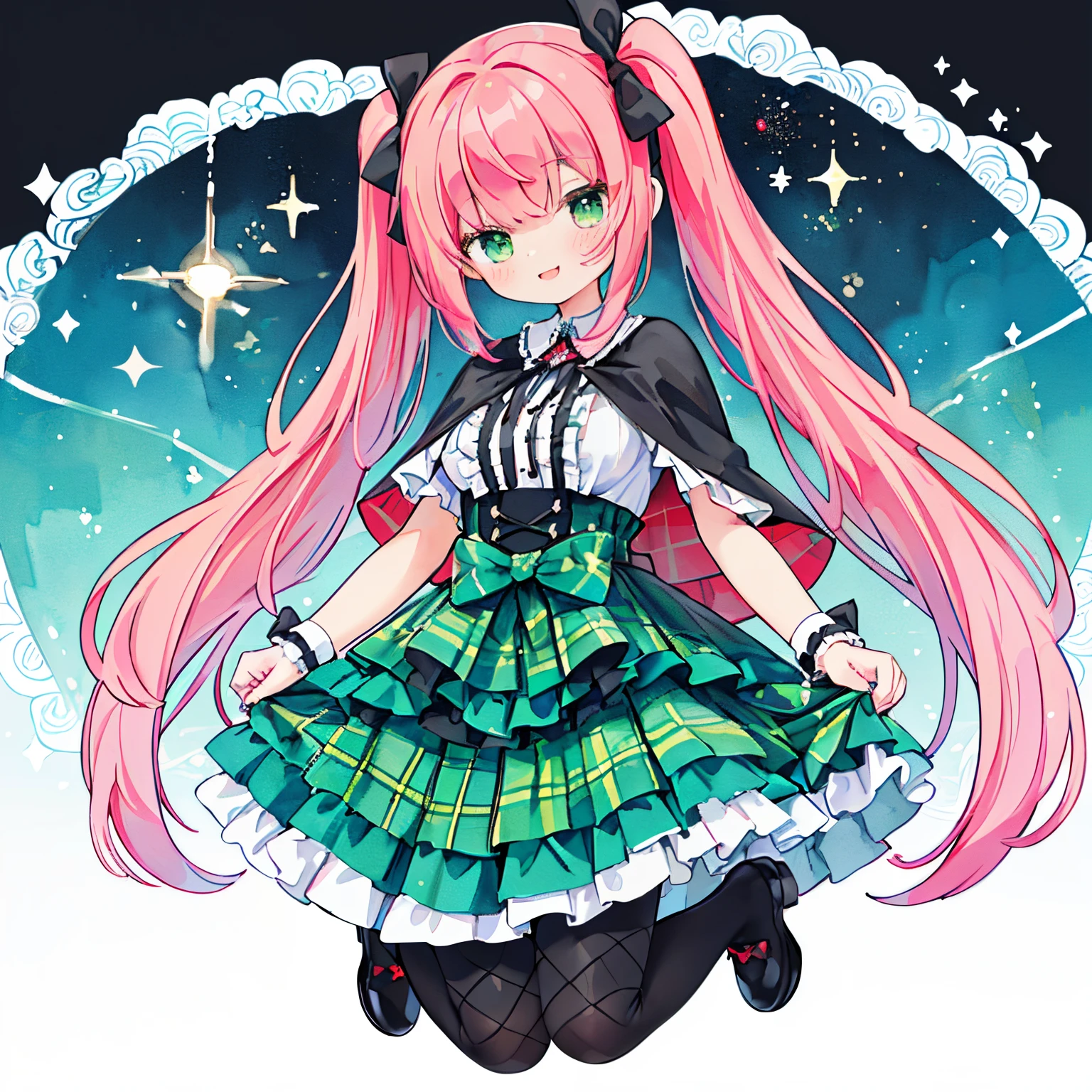(PastelColors:1.3)、(Cute illustration:1.3)、(watercolor paiting:1.1)、(Gothic lolita:1.4), (Open Short Cape:1.2), ((bow ribbon, frilld):1.3), (Green tartan plaid:1.3), ((White collar, tie):1.3), (Short sleeve:1.2), ((frills skirt, Multi-layer skirt):1.3), (fishnet tights:1.2), (hand armor:1.2), (X Hair Ornament, Hairpin),、Moya、colourfull、marble、Particles of light、patterns、
Detailed drawing、Vibrant colors、striking contrast、intricate detailes、Delicate depiction、Luminescent、full body Esbian、(top-quality、8K、32K、masterpiece、nffsw:1.2)、((Photo of red-eyed woman with bright red hair with cute smile:1.3))、
((Horizontal twin tails tied with a black ribbon:2))、
Curly hair:1.3、Zito-order:2、large full breasts、(The background is a live stage:1.3)、jumpping