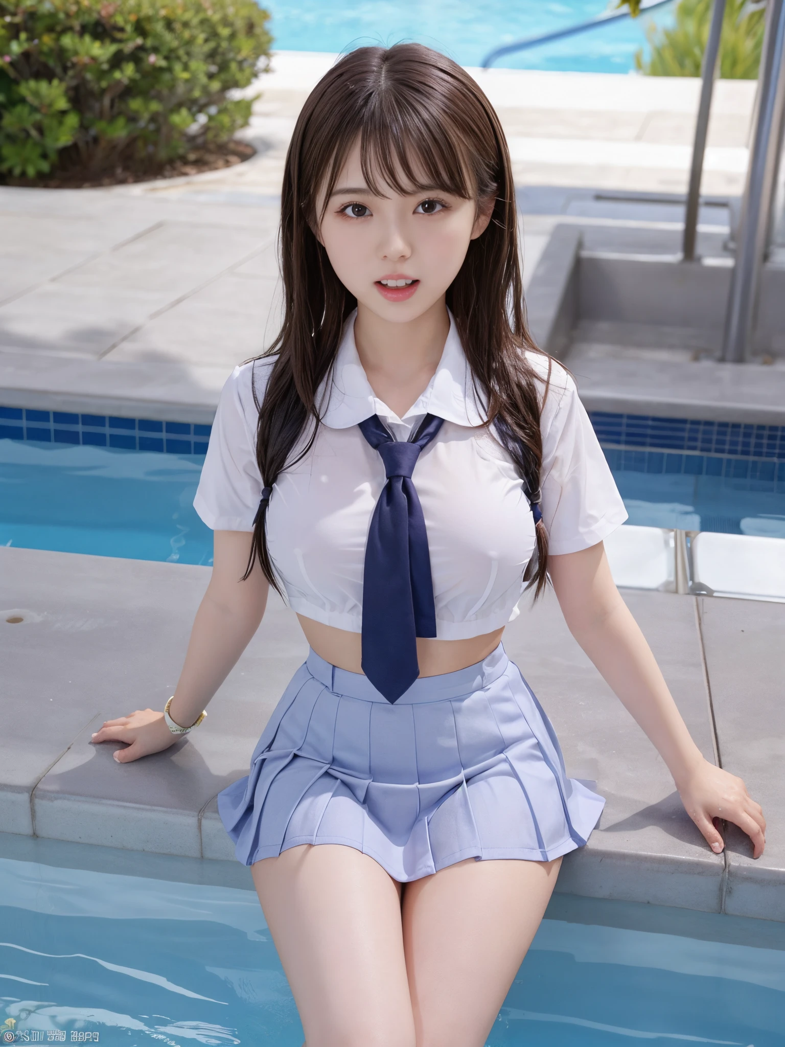 Wet schoolgirl uniform、the skirt is short、You can see the swimsuit from the skirt、huge tit、25-year-old female gravure idol、sexually sensual look、Mouth is open、sexy  pose、school poolside