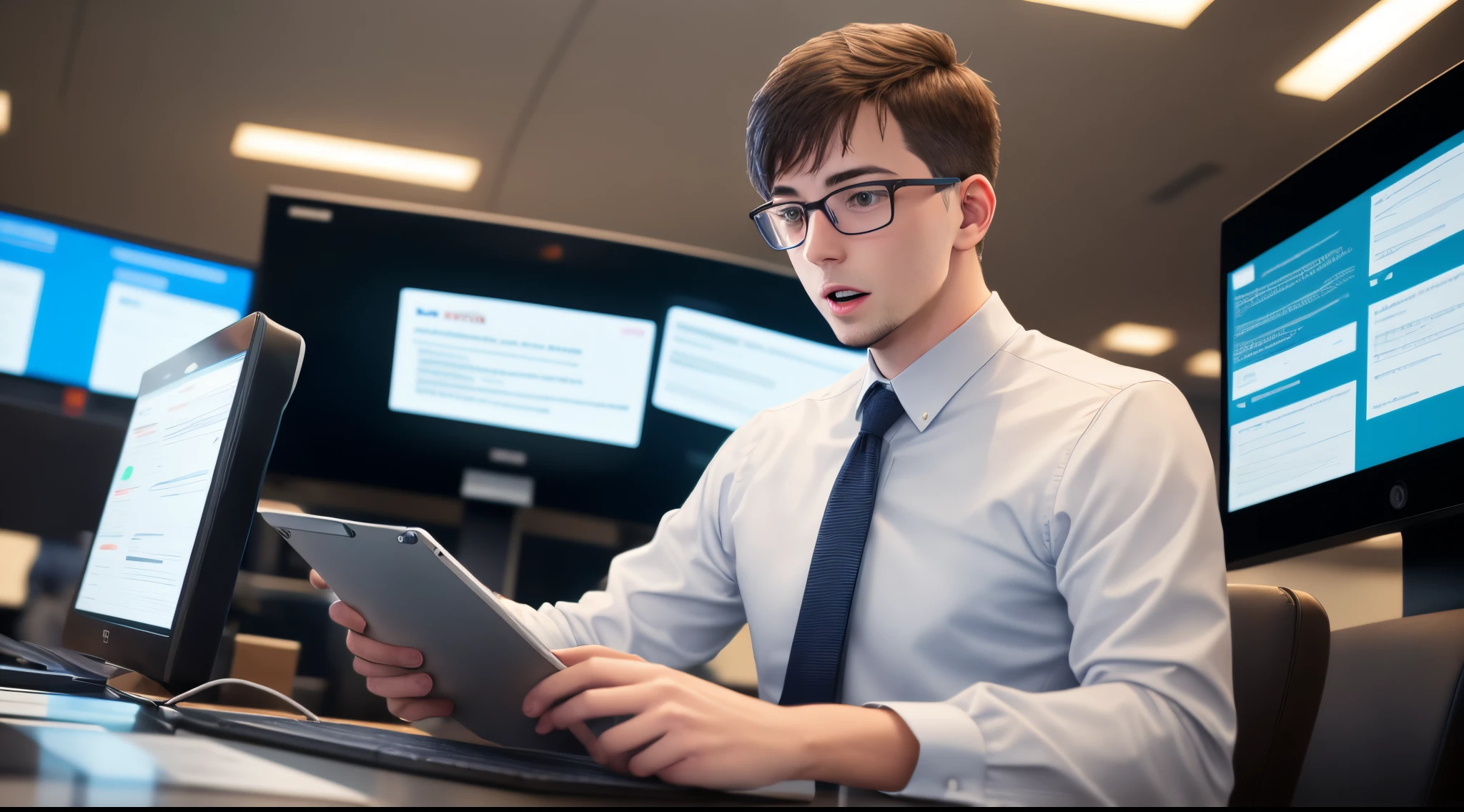 An insurance company salesperson uses a terminal to respond to customers.