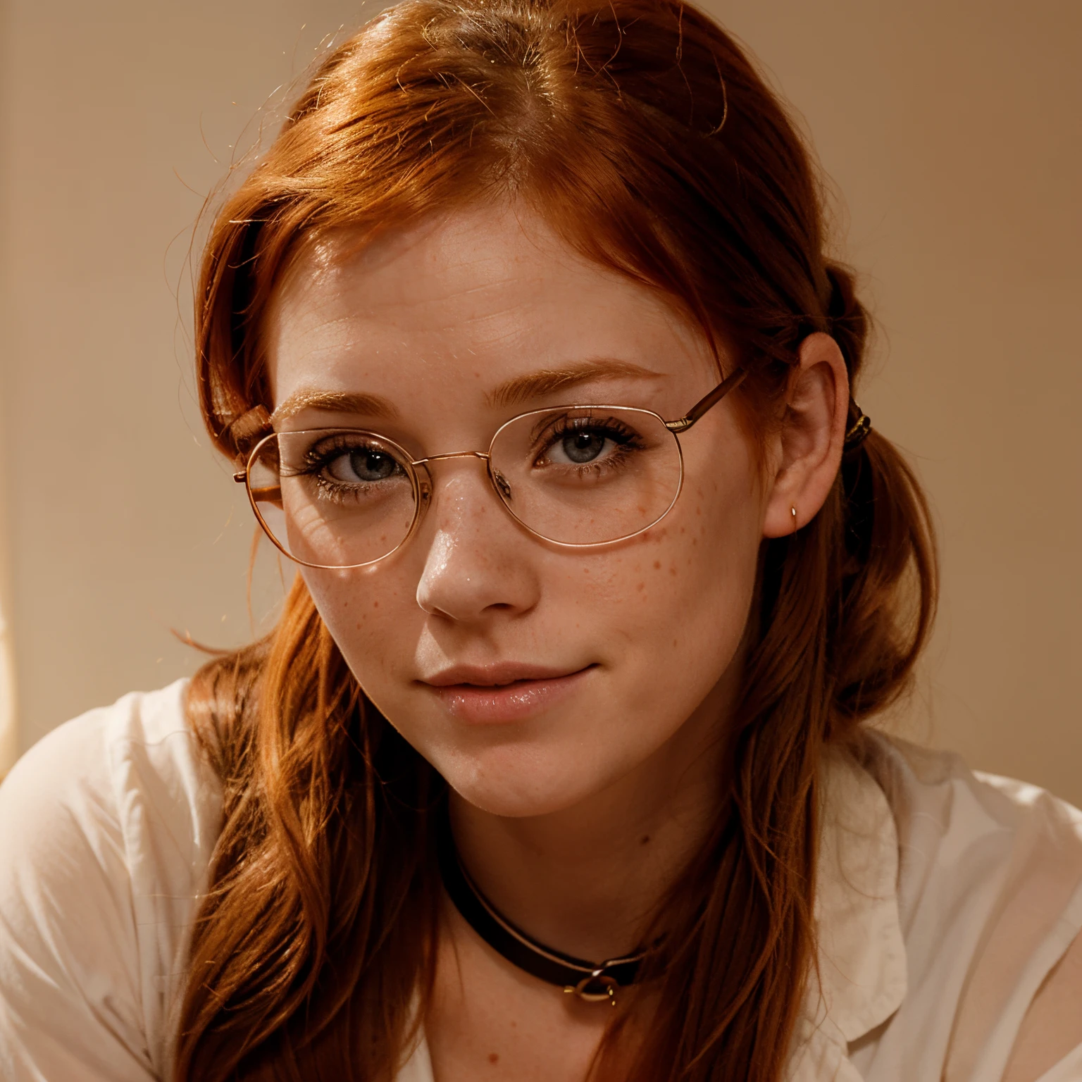 Penny pax redhead long hair ponytail soft curves glasses collar blushing freckles princess