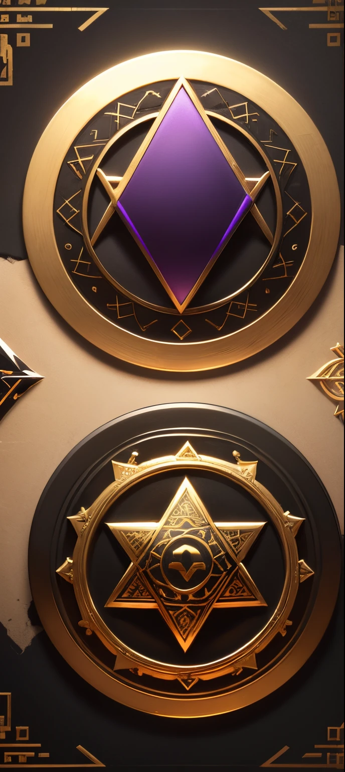 A circular object like a medallion with the edge with Egyptian symbols and the center with a triangle without the bottom and another inverted triangle without the top with the colors black and gold and metallic purple