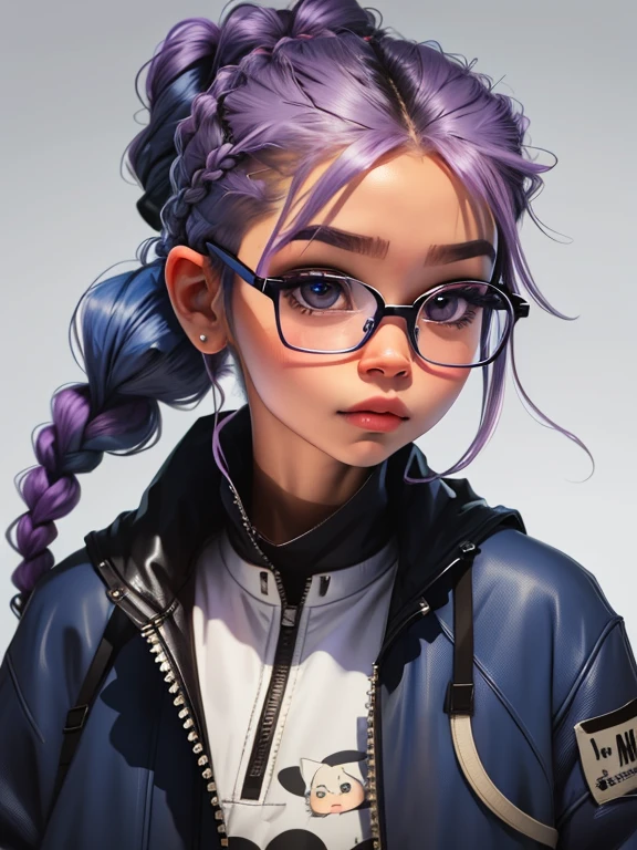 loli menina, bonita e fofa, wearing prescription glasses, jaqueta amarela, moletom branco, babyface, Estilo Chibi, bicolored lilac and blue hair, braided ponytail, olhos de detalhe perfeito, rosto delicado, CG perfeito, Qualidade de imagem HD, fundo simples