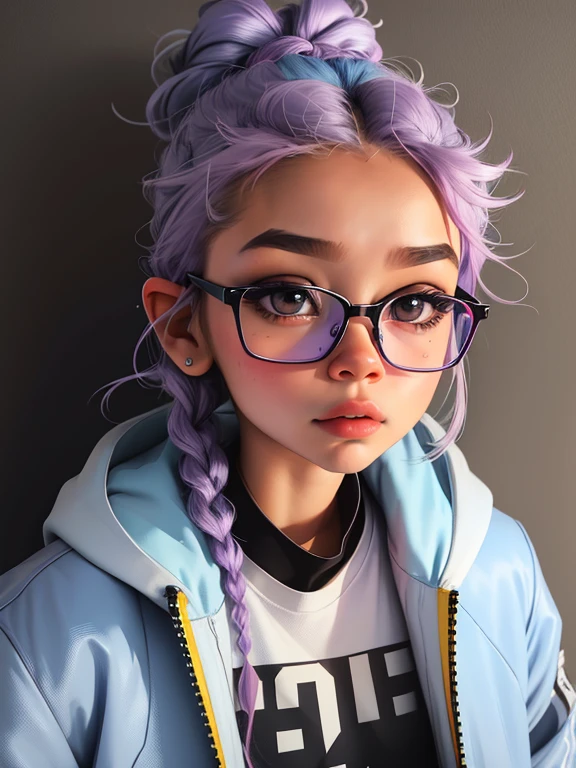  meninita e fofa, wearing prescription glasses, jaqueta amarela, moletom branco, babyface, Estilo Chibi, bicolored lilac and blue hair, braided ponytail, olhos de detalhe perfeito, rosto delicado, CG perfeito, Qualidade de imagem HD, fundo simples