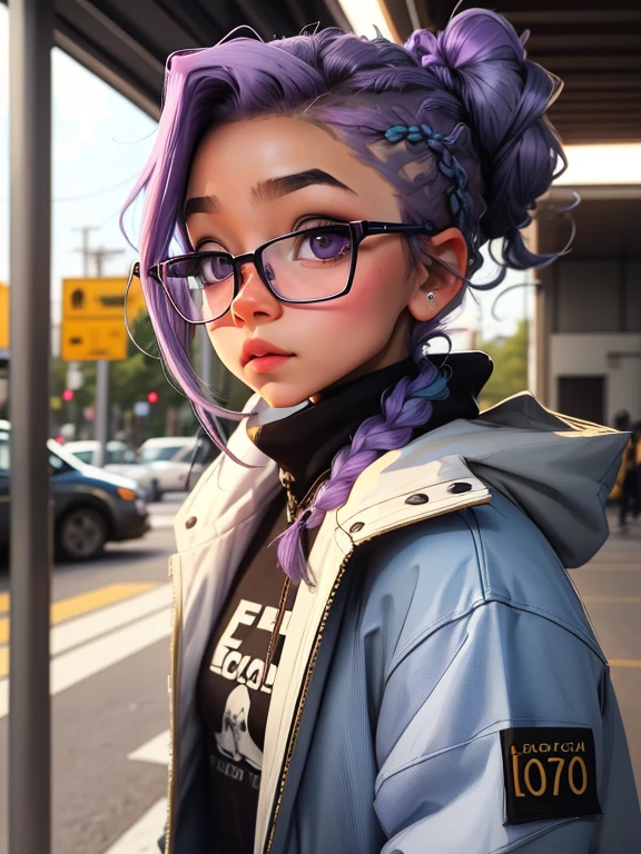 loli menina, bonita e fofa, wearing prescription glasses, jaqueta amarela, moletom branco, face, Estilo Chibi, bicolored lilac and blue hair, braided ponytail, olhos de detalhe perfeito, rosto delicado, CG perfeito, Qualidade de imagem HD, fundo simples