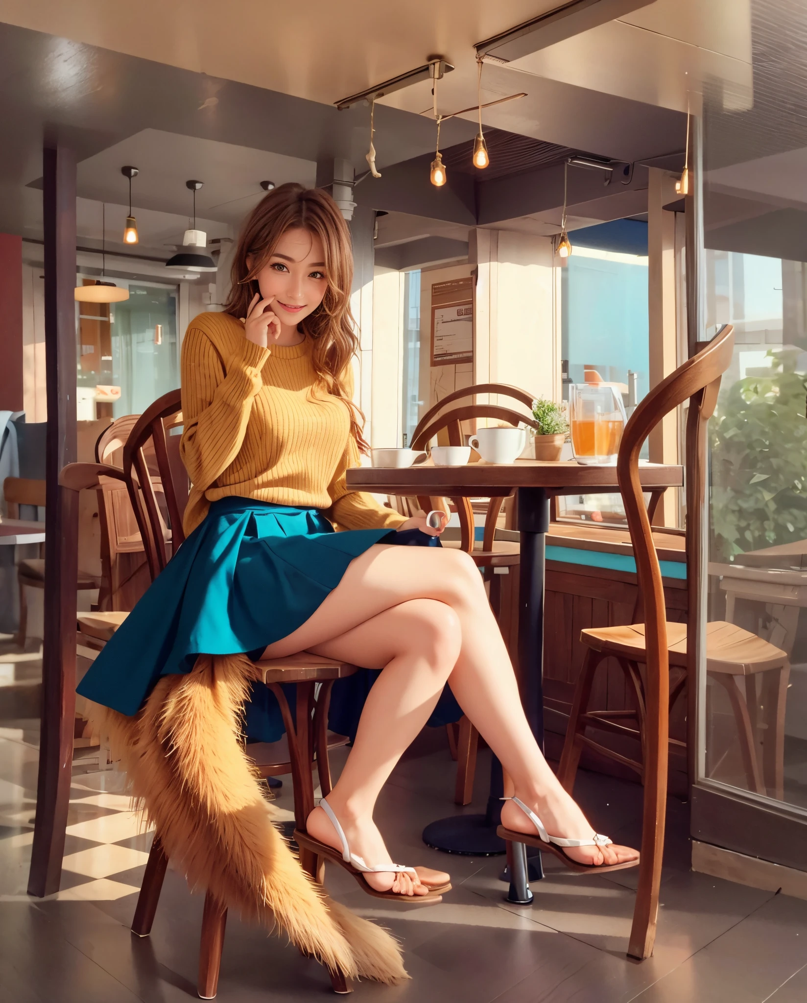 Chestnut haired woman sitting at the table, Woman in a mysterious coffee shop, in coffee shop, sitting in a cafe, in a bright cafe, foxgirl, Commission for high resolution, full body commission for, sitting in a cafe alone, sitting alone in a cafe, very very beautiful furry art, White panties, A smile, a picture, top-quality, Eight-headed body, Slimming legs, Small face, small tits