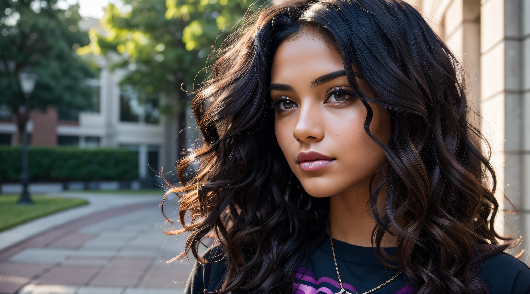 Image of a 30-year-old student, brunette, with short, black, and curly hair. Her curls, capturing the sunlight, exhibit a subtle blend of deep black tones and brown highlights. The light further emphasizes the curly texture, creating a dynamic interplay of shadows and highlights.
To add a touch of color, some strands are dyed with vibrant and modern tones. You can notice streaks in shades of blue and purple, artistically interwoven among the dark curls. These colors add a unique dimension to her appearance, reflecting her vibrant and creative personality.
The combination of natural tones and colored streaks creates a modern and bold look, further accentuating the student's confident expression. In the background, the smoky colors of the rainbow continue to create a vibrant and inclusive atmosphere on the university campus.