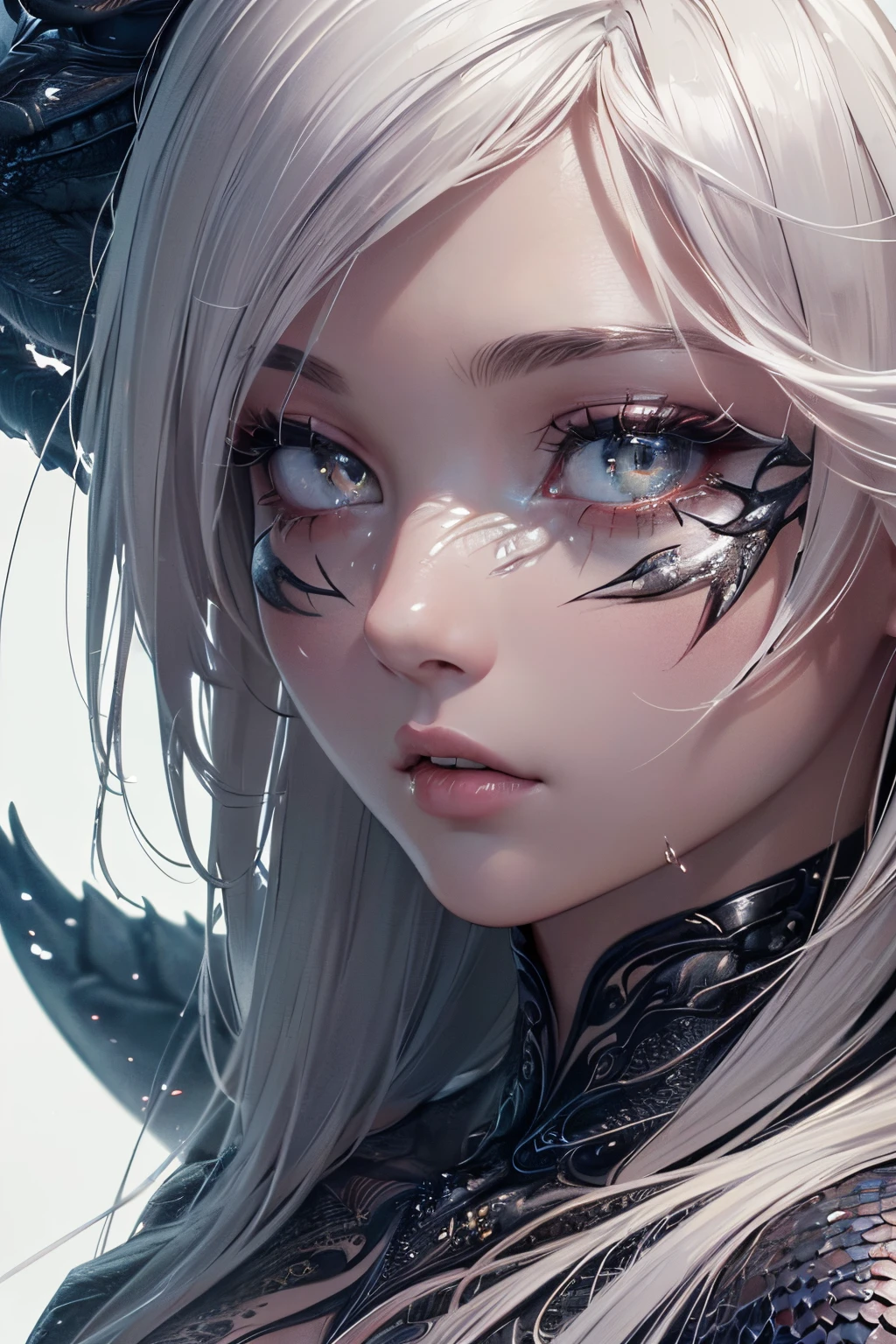 (((master piece))), deeply emotional and visually striking image, ((1 girl 20 years old)), (((skin like dragon scales))), (((full body))), (((beautiful face))), (((beautiful body))), ((beautiful eyes)), ((perfect)), (((hyper detailed skin))), (((hyper detailed face))), white hair, (stylized), (vivid tones), (((hyper-detailed))), (((intricate elements))), (8k)