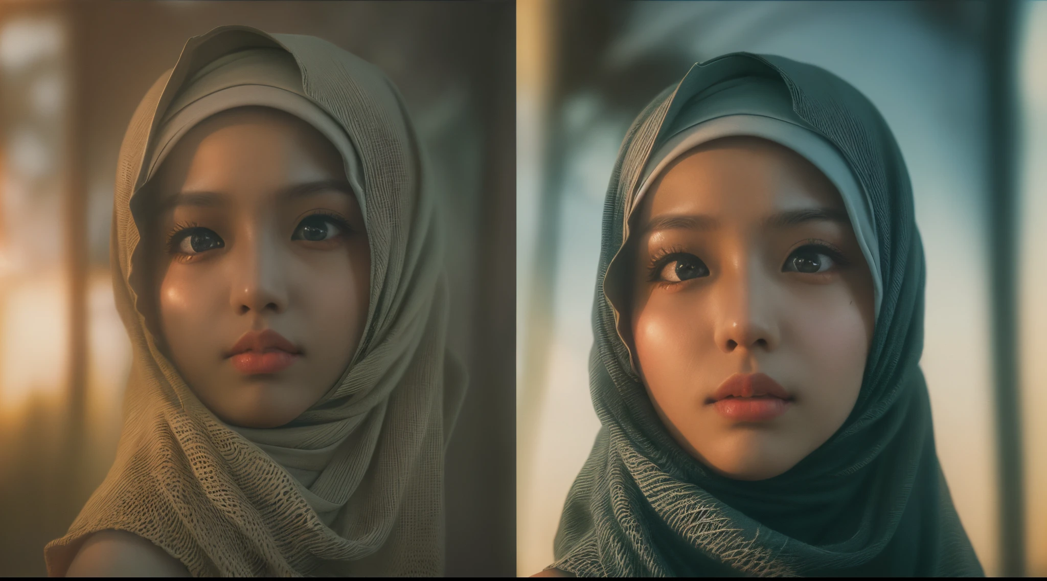 ompose a chilling scene of a Malay girl in hijab feeling an unseen presence. Experiment with unconventional camera angles, such as Dutch angles, and use a warm yet muted color palette. Add subtle fog effects to enhance the supernatural feel, 35mm, Over-the-shoulder shot, vibrant color grading, light leaks, starbursts, epic fantasy