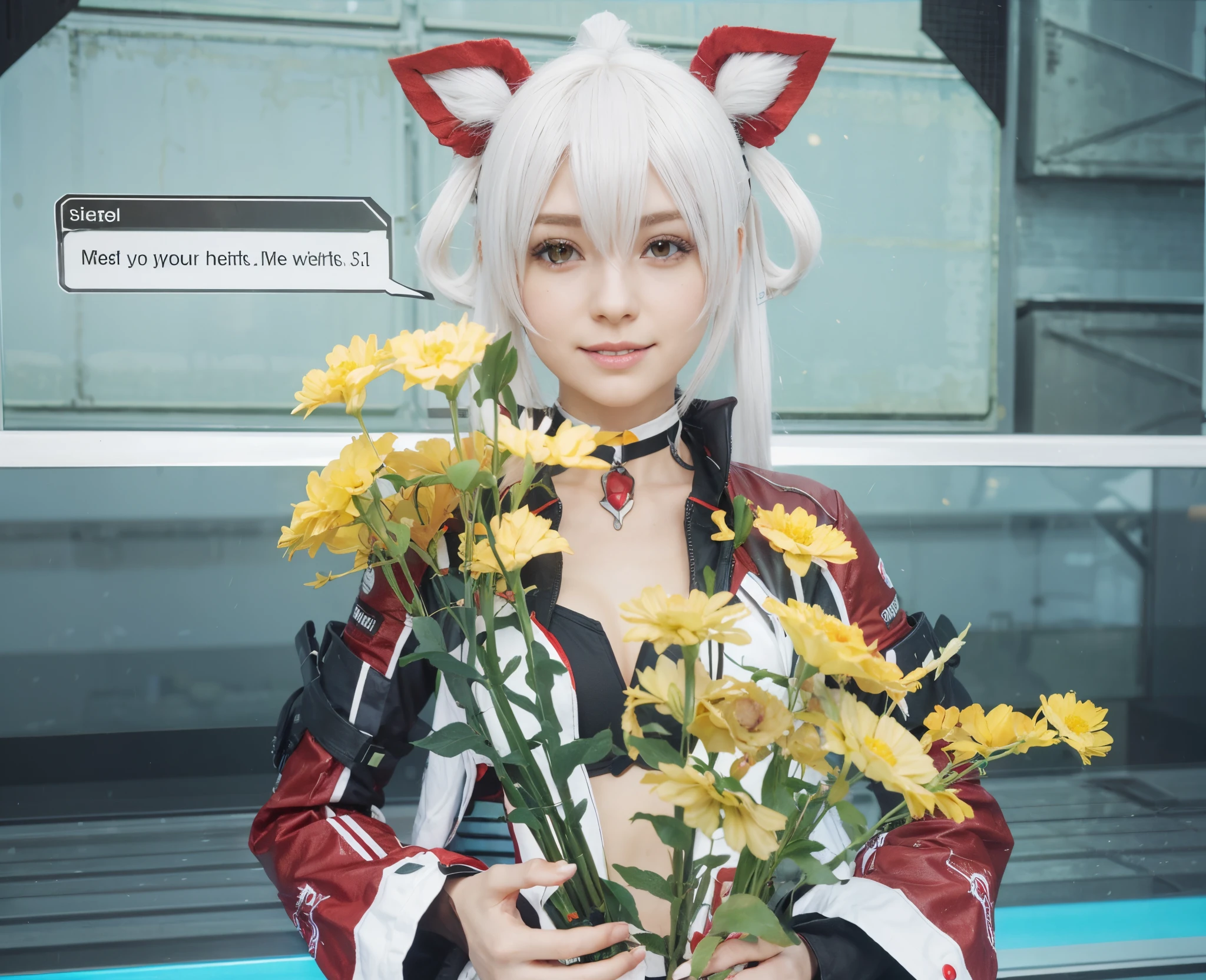 Mato, Phantasy Star Online 2, Segurando flores amarelas, Feliz, science fiction red hair clip, red science fiction clothes